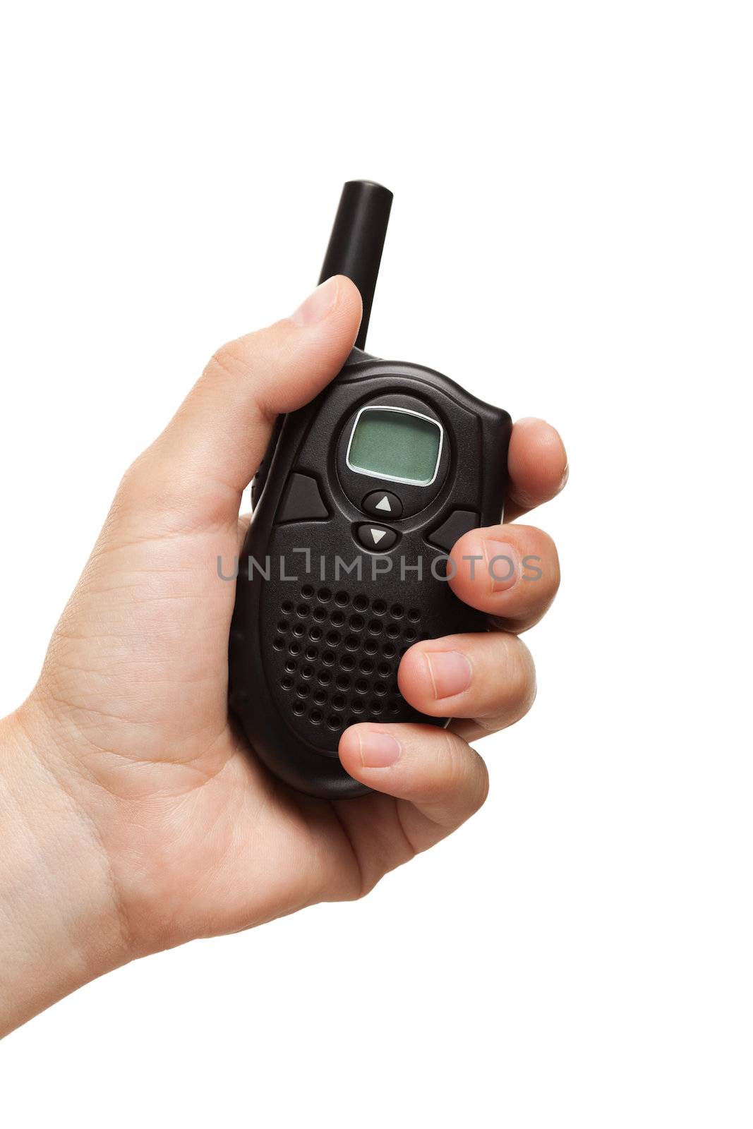 Security guard hand holding cb walkie-talkie radio