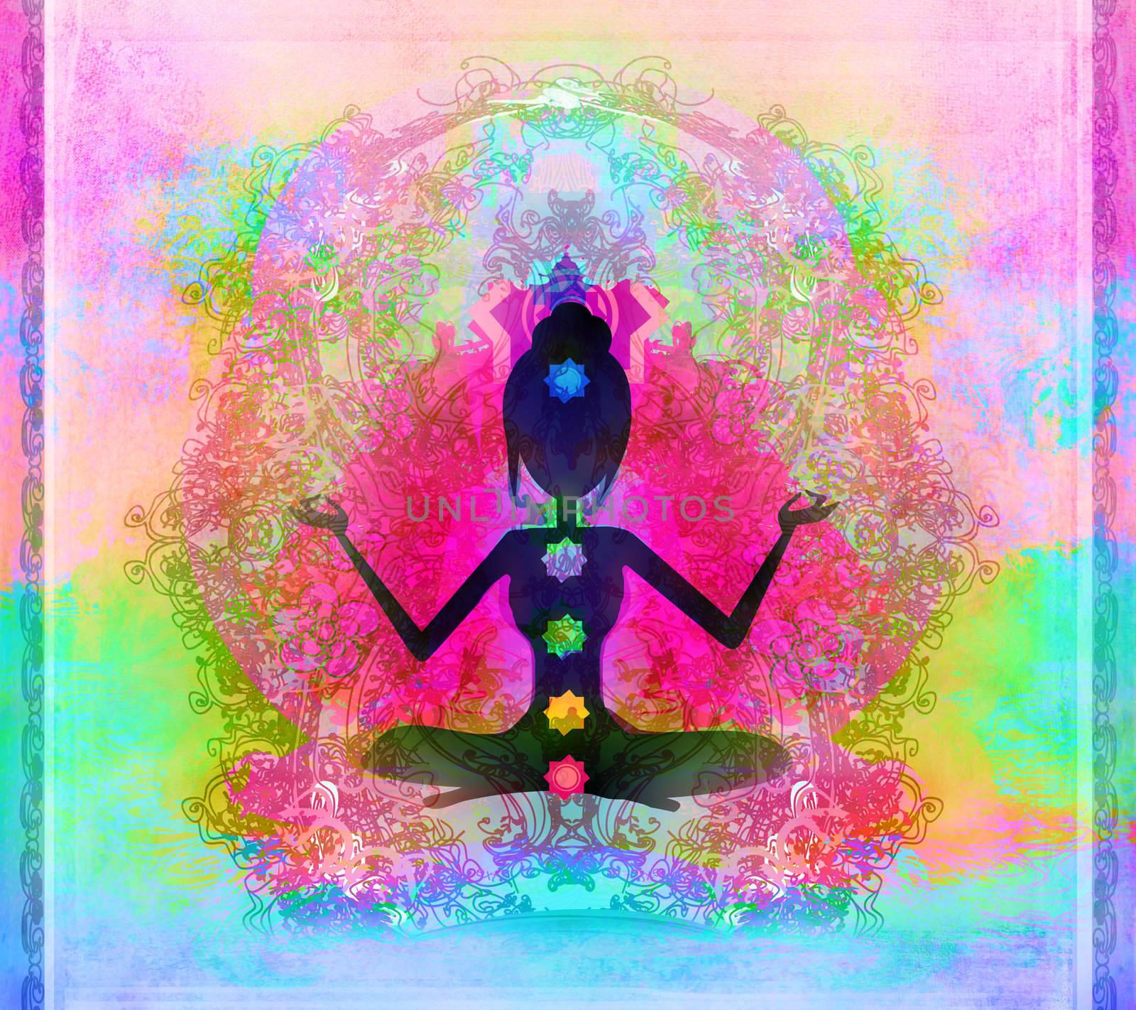 Yoga lotus pose. Padmasana with colored chakra points.