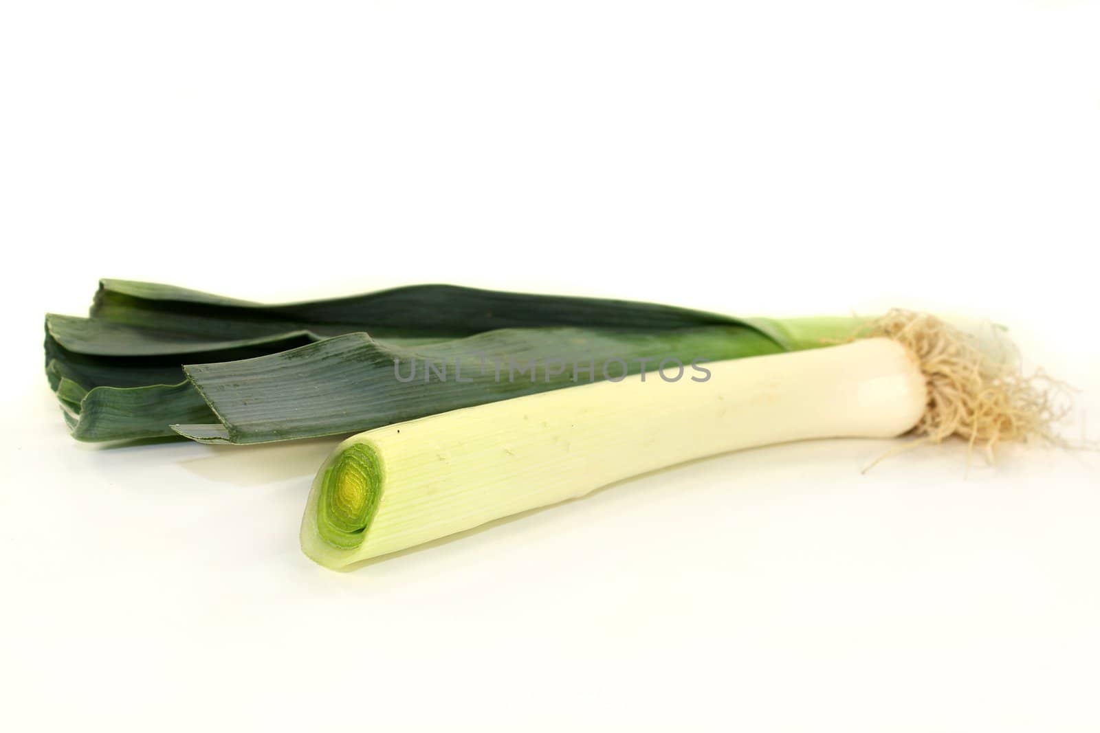 raw leek rods in front of white background