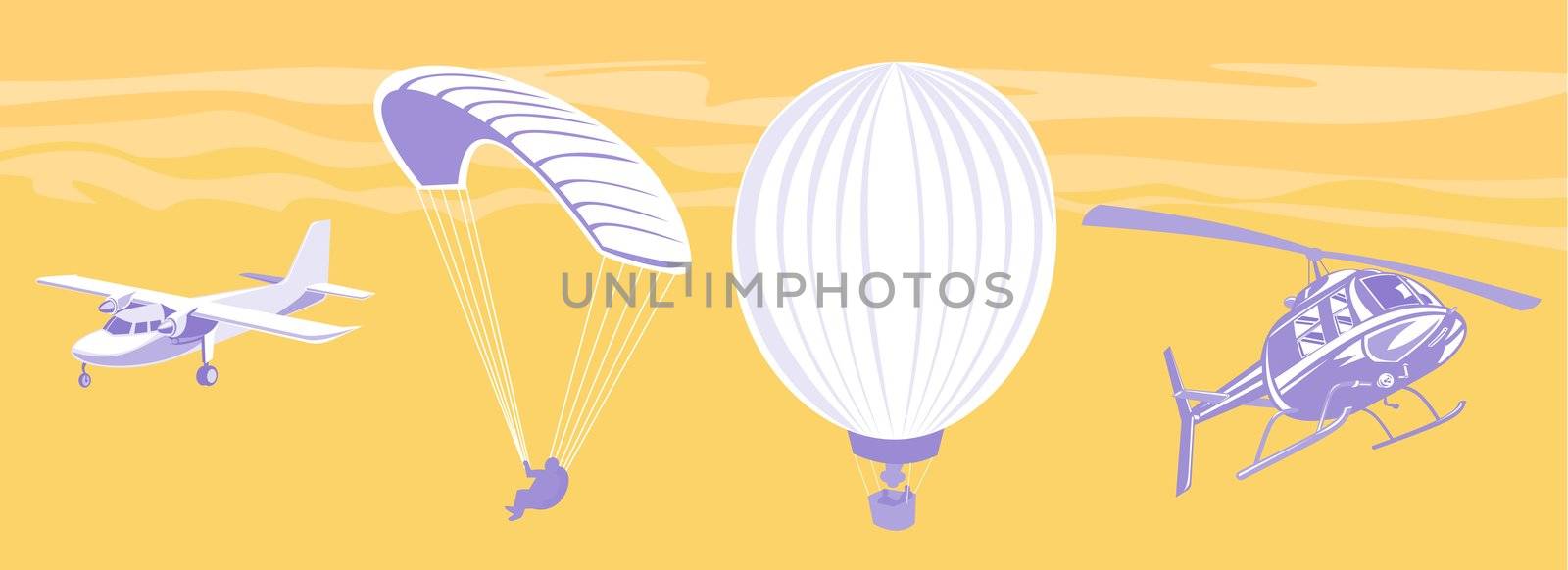 illustration of a propeller airplane airliner parachute hot air balloon and helicopter