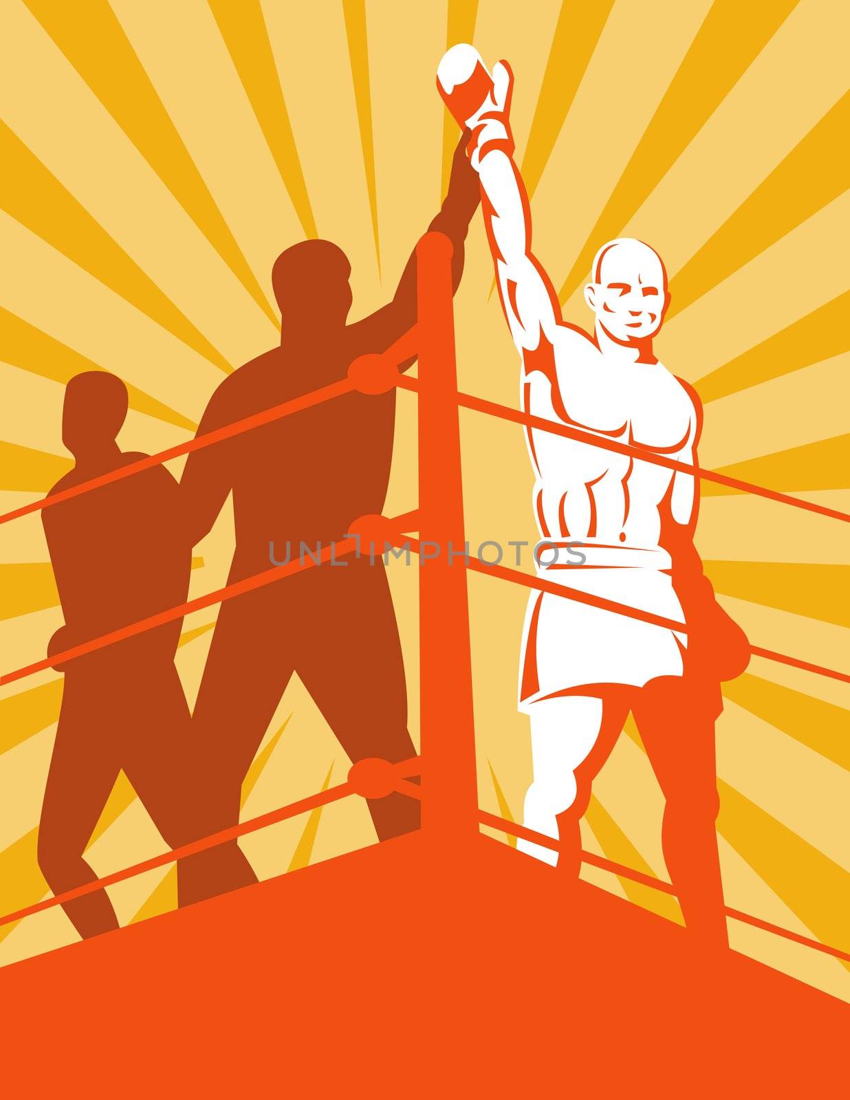 illustration of a boxer declared as winner champion by referee raising his hands done in retro style
