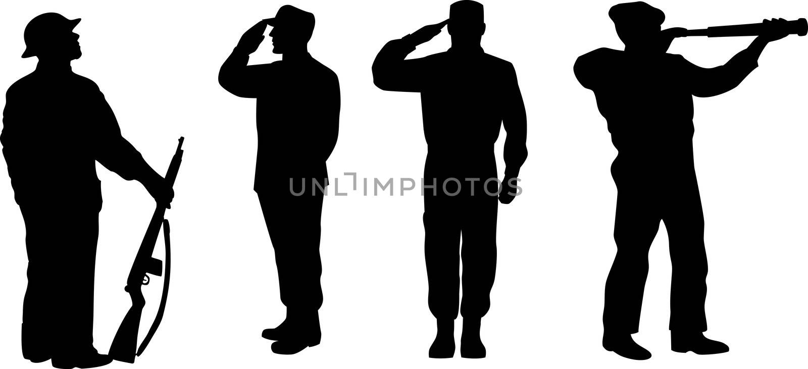 illustration of a silhouette of a soldier saluting, standing attention and looking at telescope on white background