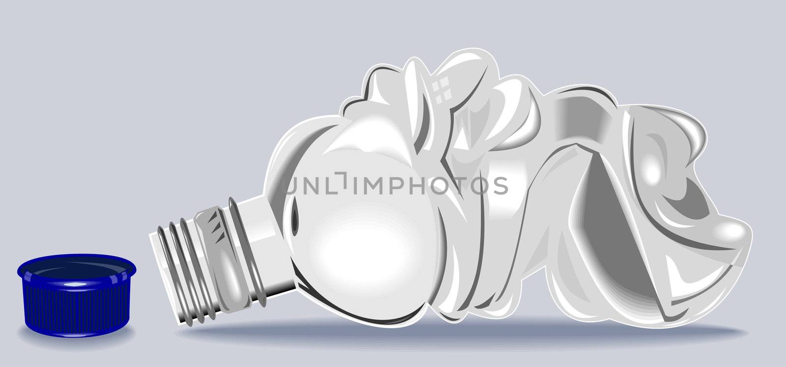 Illustration of a plastic water bottle container crushed and crumpled on isolated background.