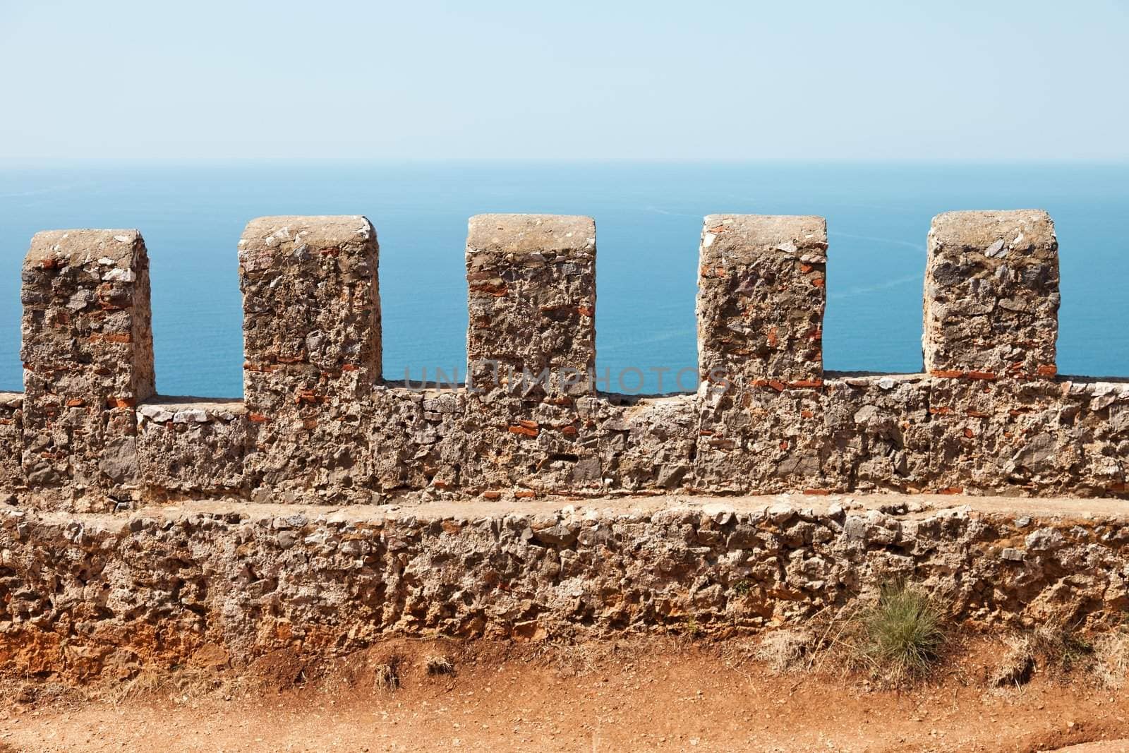 Mediterranean sea and blue sky view from Turkey Alanya ancient mountain castle wall