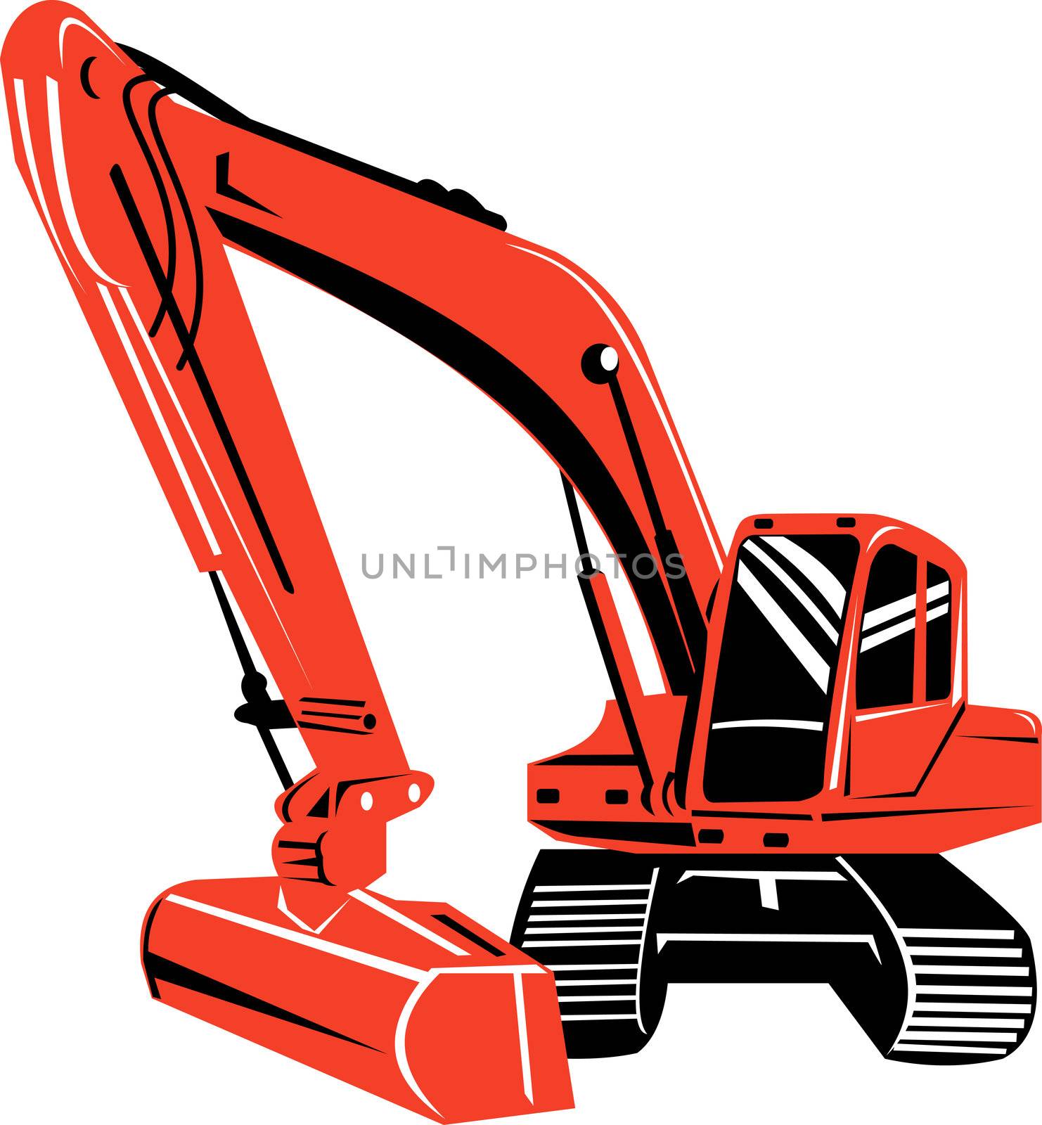 illustration of a mechanical digger excavator on isolated white background done in retro woodcut style.