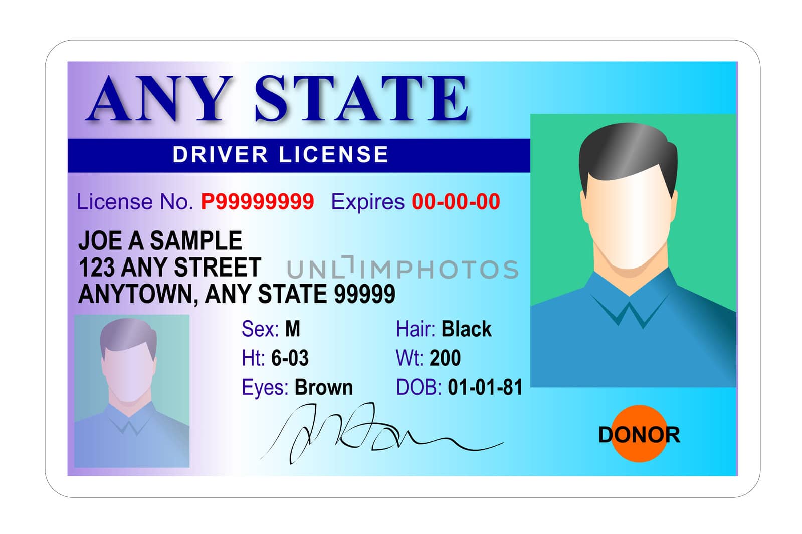 Illustration of a generic state driver license of a male driver identification card on isolated white background.
