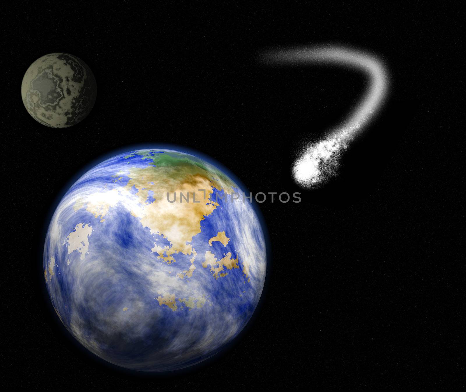 illustration showing a comet heading and about to strike planet earth with moon in the background.