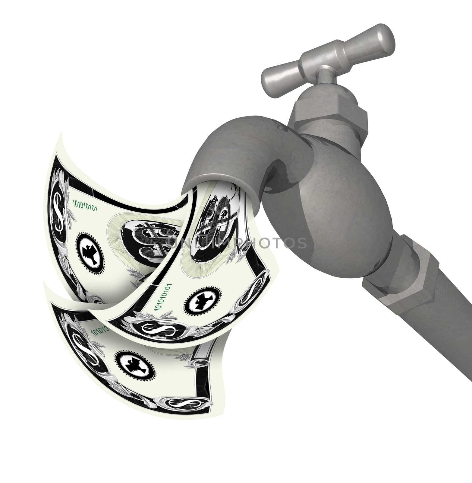 3D render of a water faucet tap viewed from a low angle on isolated white background with money flowing out