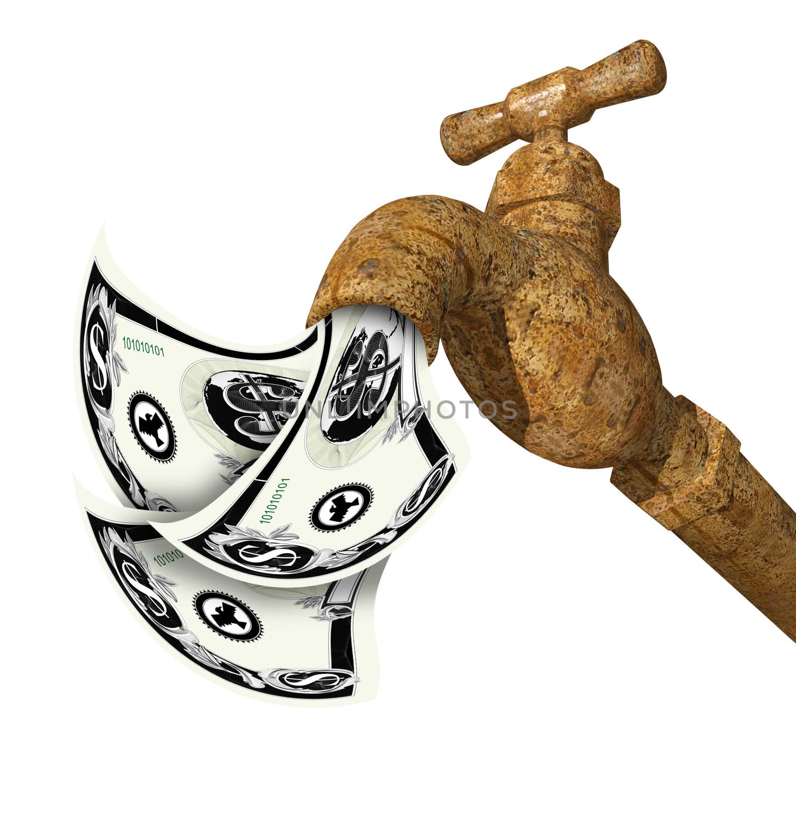 3D render of a water faucet tap viewed from a low angle on isolated white background with money flowing out