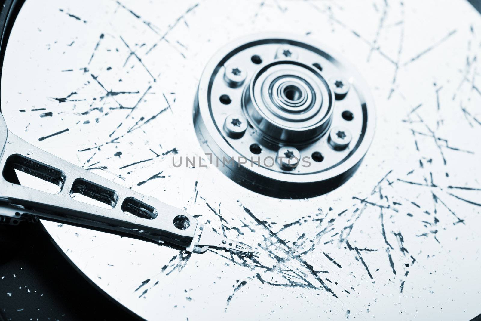 Information storage data loss concept - broken computer technology hard disk drive surface