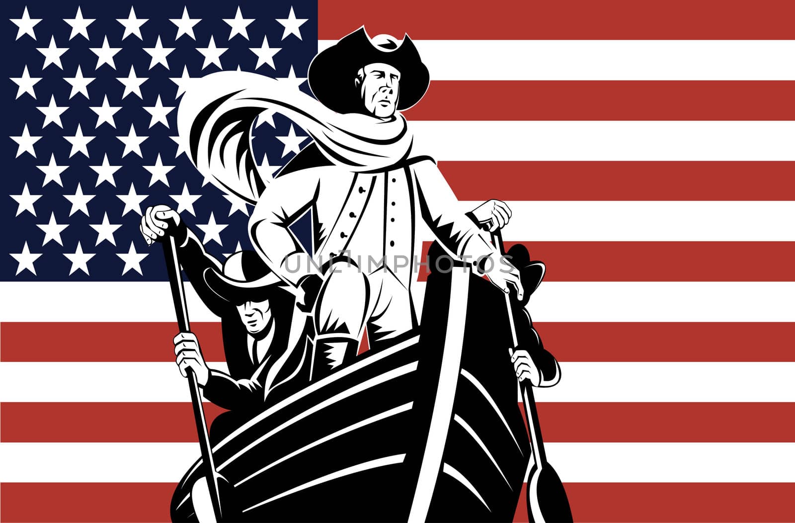 illustration featuring American revolution soldier or general at helm of boat with stars and stripes flag