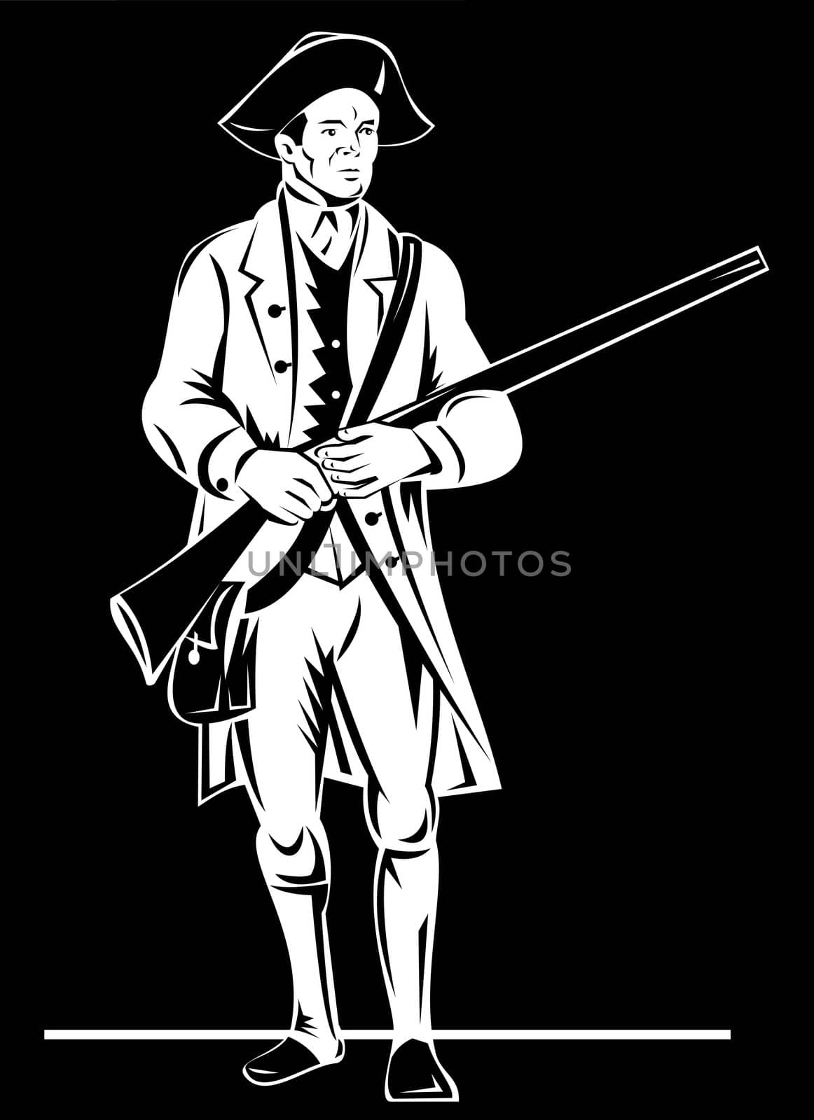 illustration featuring American revolution soldier patriot with rifle musket