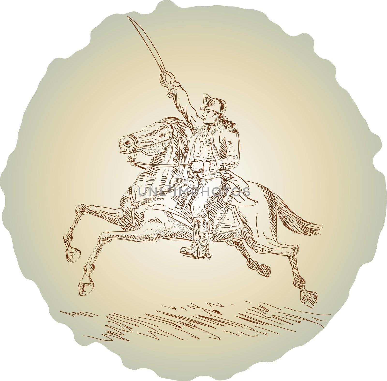 illustration featuring American revolution soldier or general at riding horse with sword