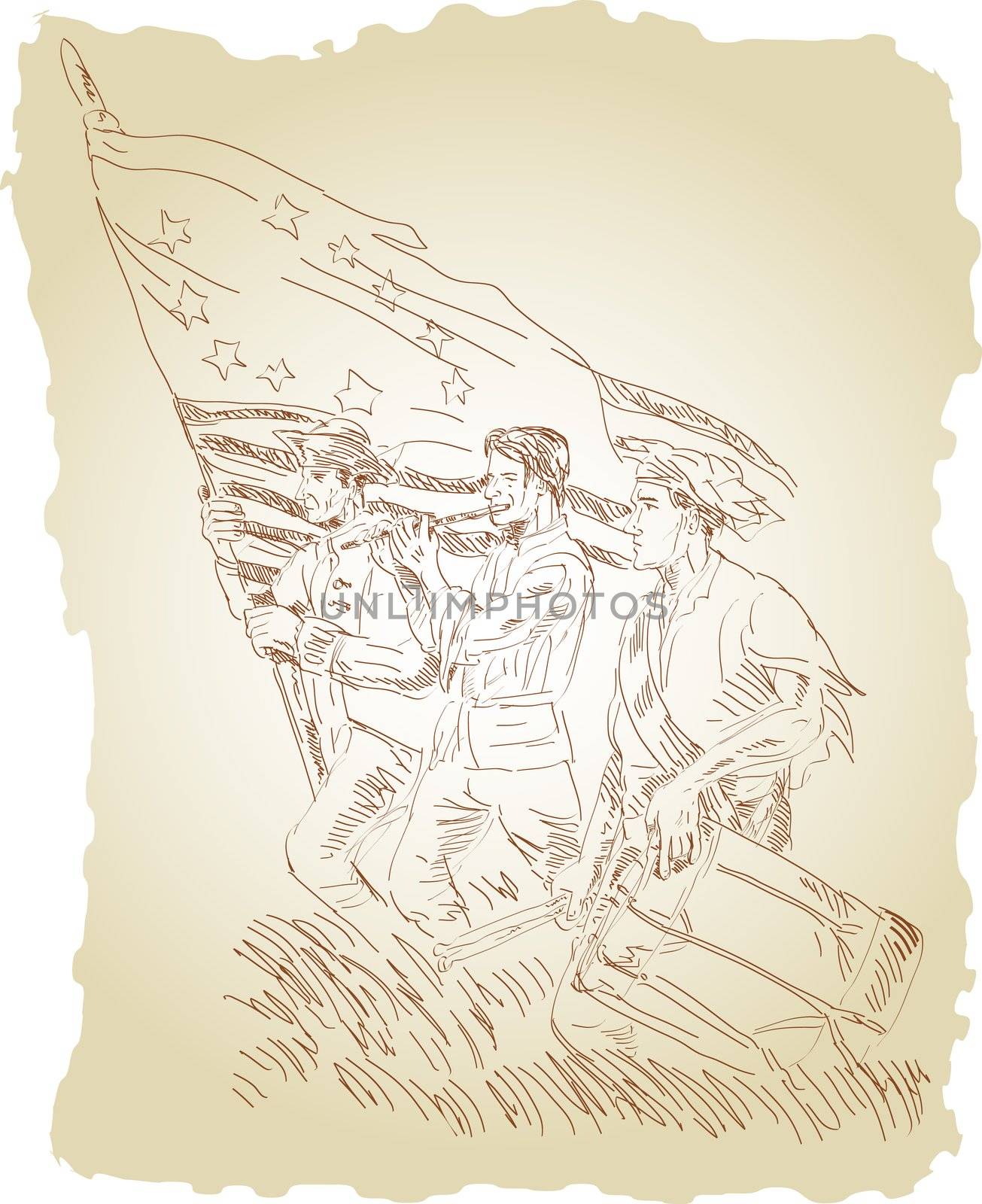 illustration featuring American revolution soldier patriot marching with flag