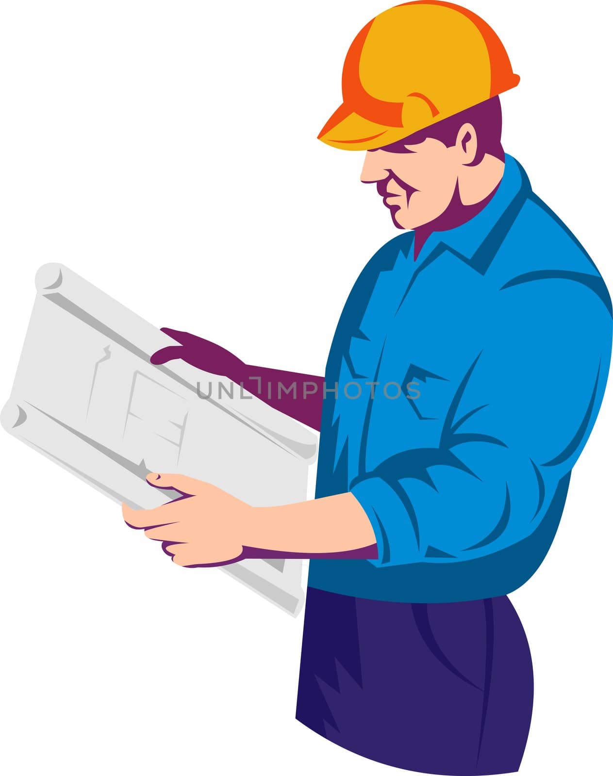 illustration of a construction worker  engineer supervisor with building plan blue print at work done in retro style