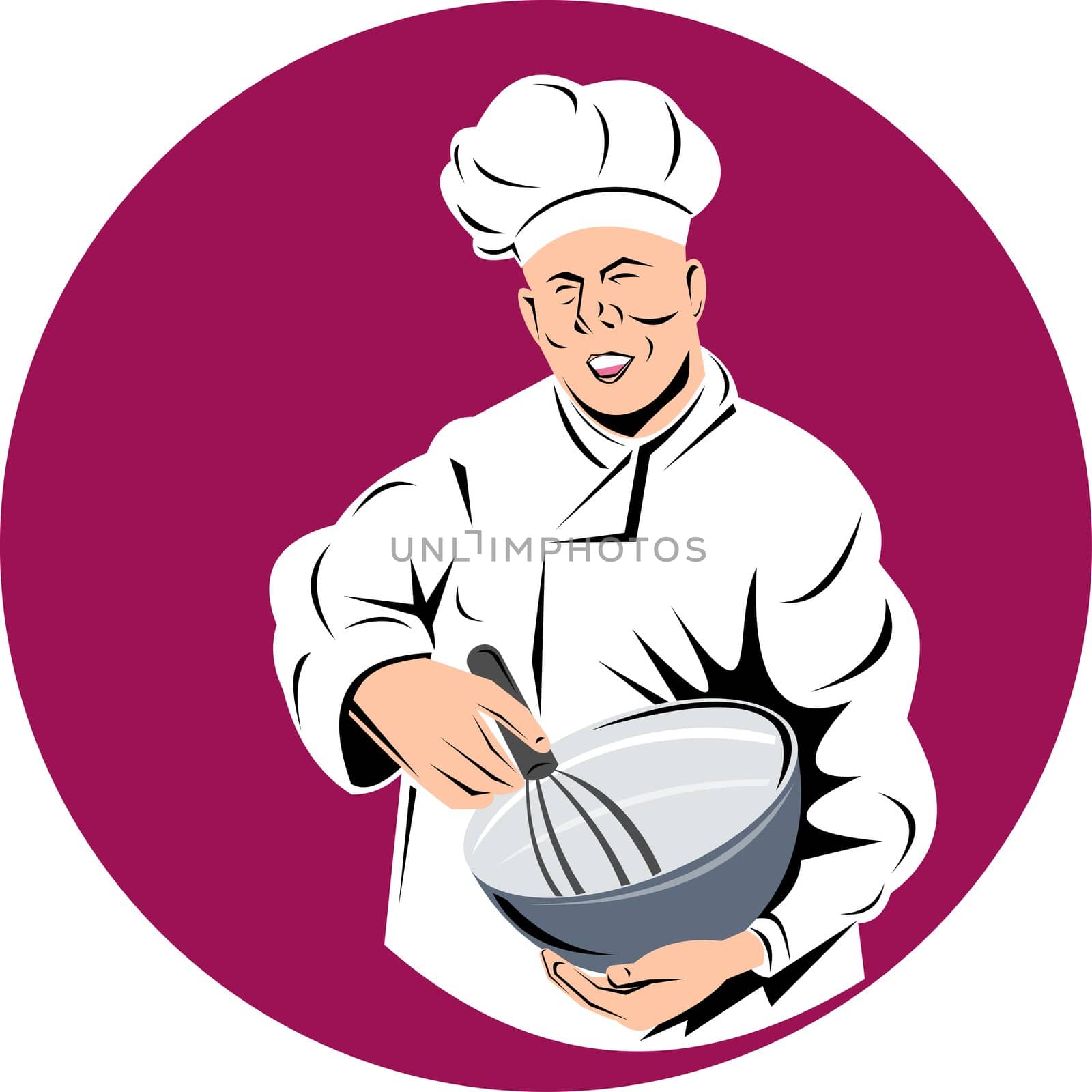 illustration of a chef, cook or baker done in retro style holding mixing bowl