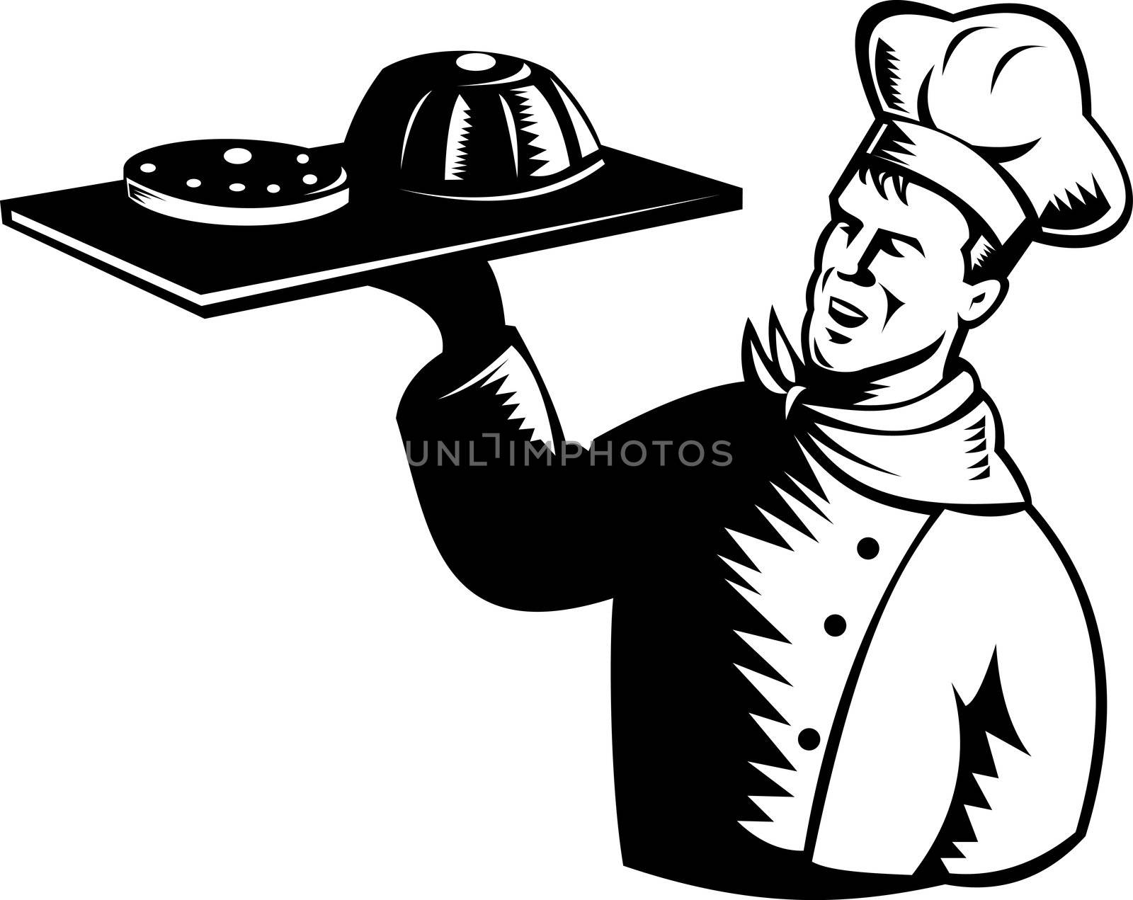illustration of a chef, cook or baker done in retro woodcut style serving pastry and bakery products