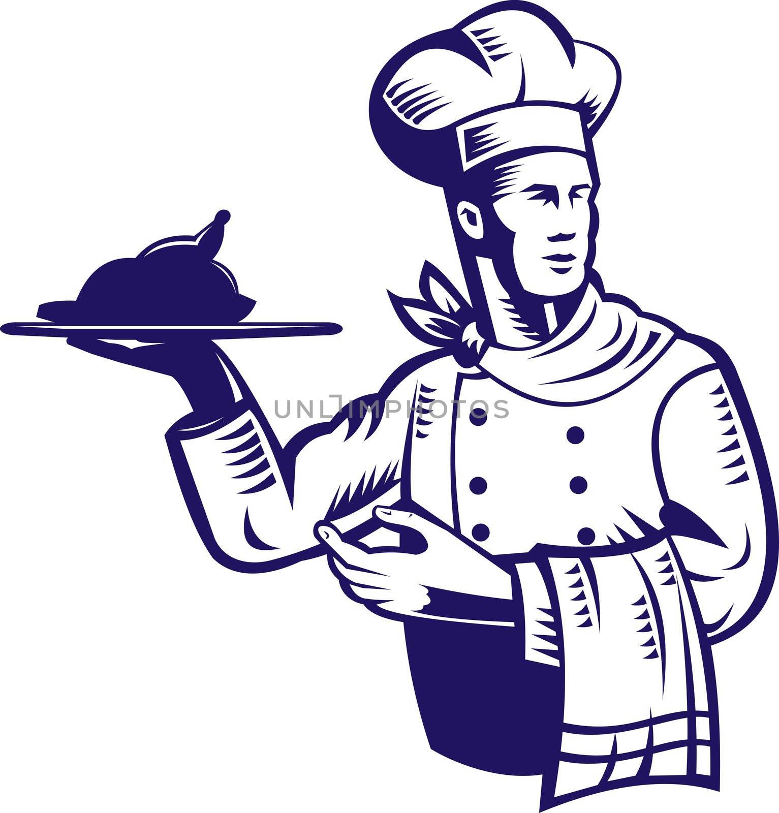 illustration of a chef cook done in retro woodcut style holding serving tray with roast chicken and towel on other hand