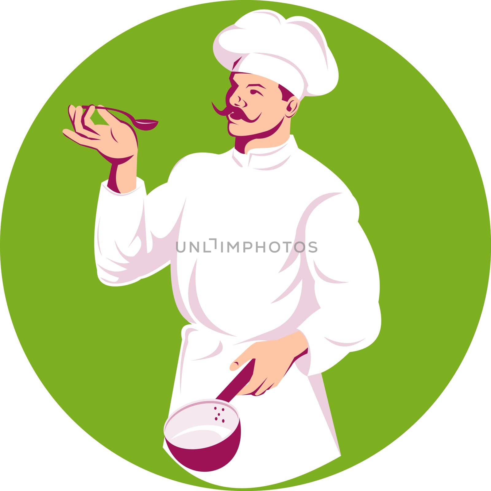 illustration of a chef, cook or baker done in retro style holding sauce pan and spoon