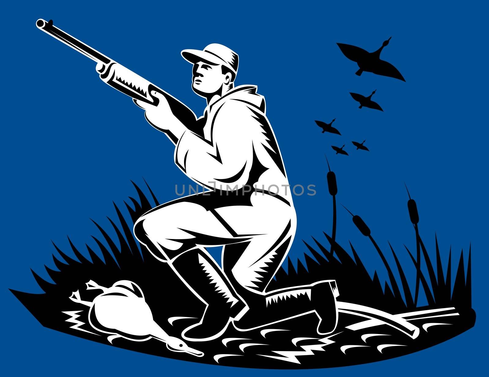illustration of a hunter aiming shotgun rifle gun at ducks geese done in  retro style 