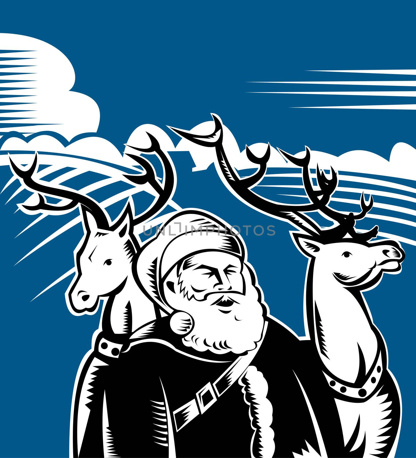 illustration of Father Christmas Santa Claus with reindeer and farm field  background done in retro style