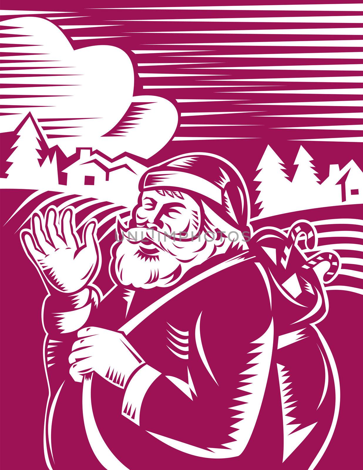 illustration of Father Christmas Santa Claus waving hello with farm field  background done in retro style