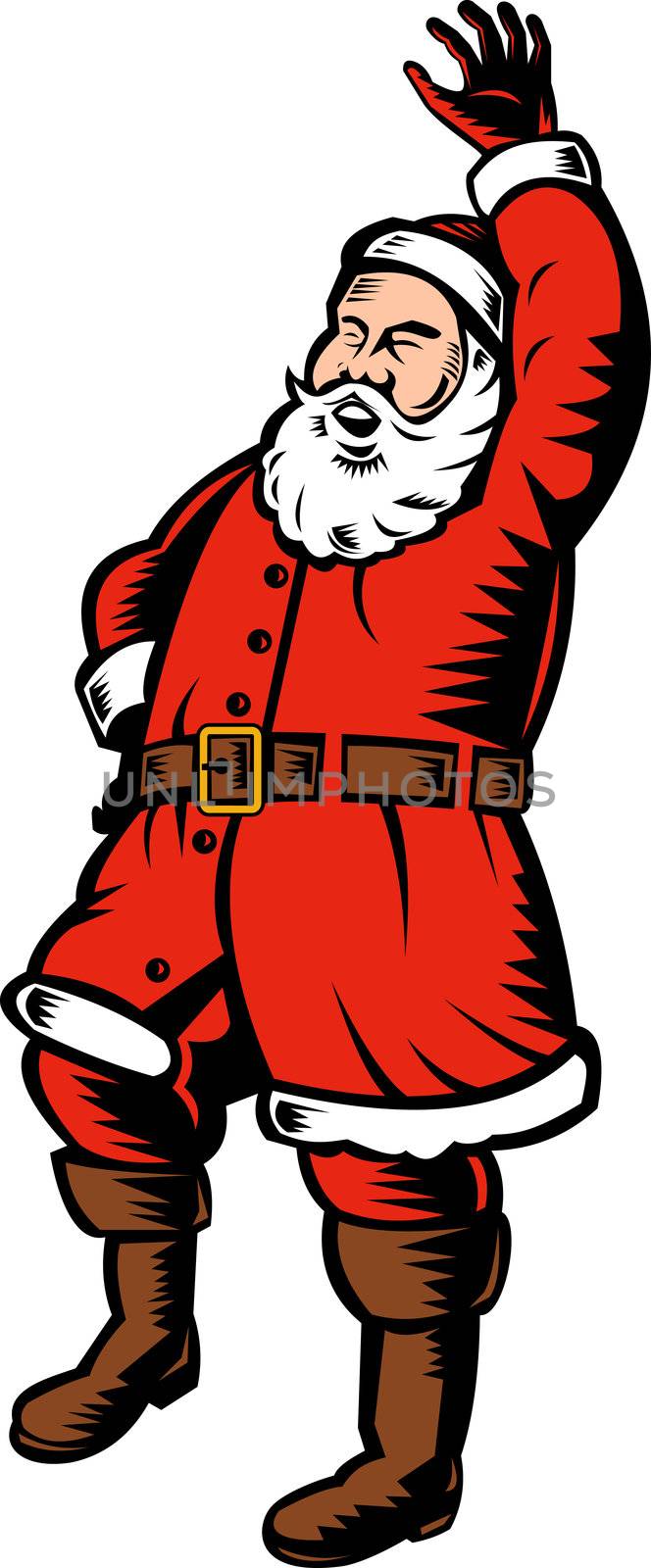illustration of Father Christmas Santa Claus waving hello on isolated background done in retro style