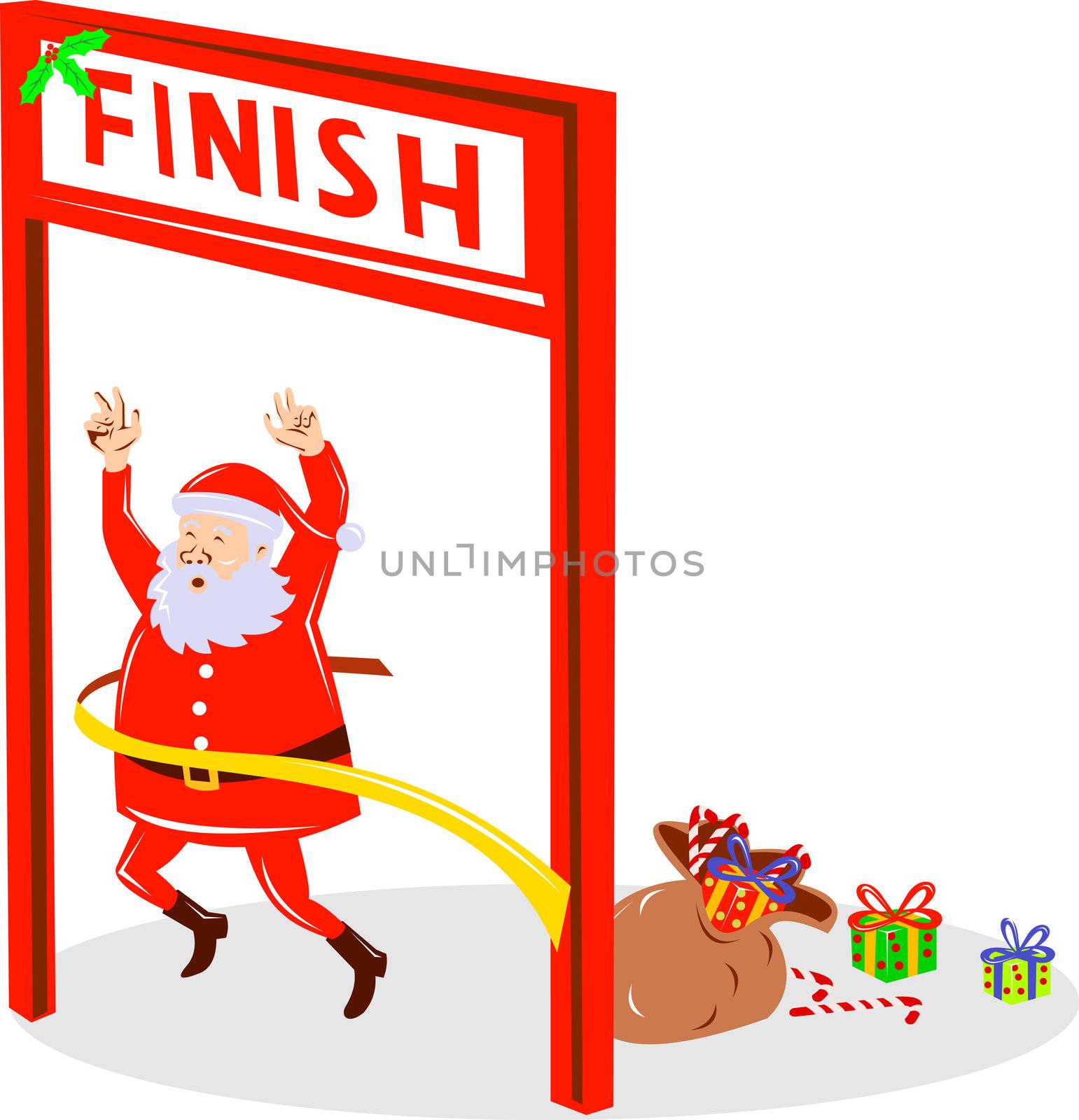illustration of Father Christmas Santa Claus running a race on finish line on isolated background done in retro style
