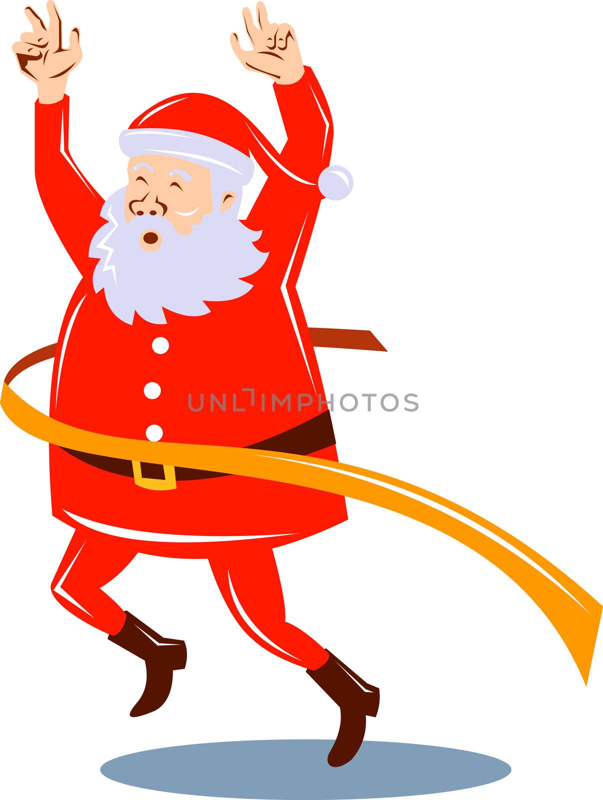 illustration of Father Christmas Santa Claus running a race on finish line on isolated background done in retro style
