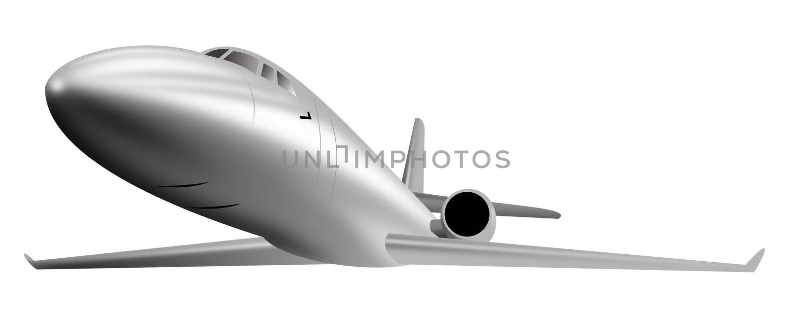 Illustration of corporate jet aircraft in full flight on isolated white background.