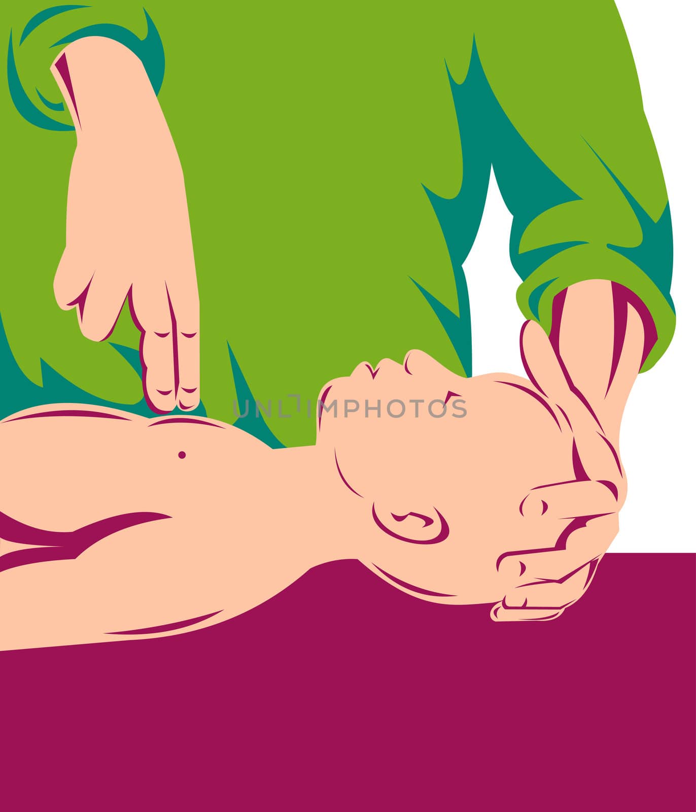 Illustration of an adult performing cpr on an infant child done in retro style.
