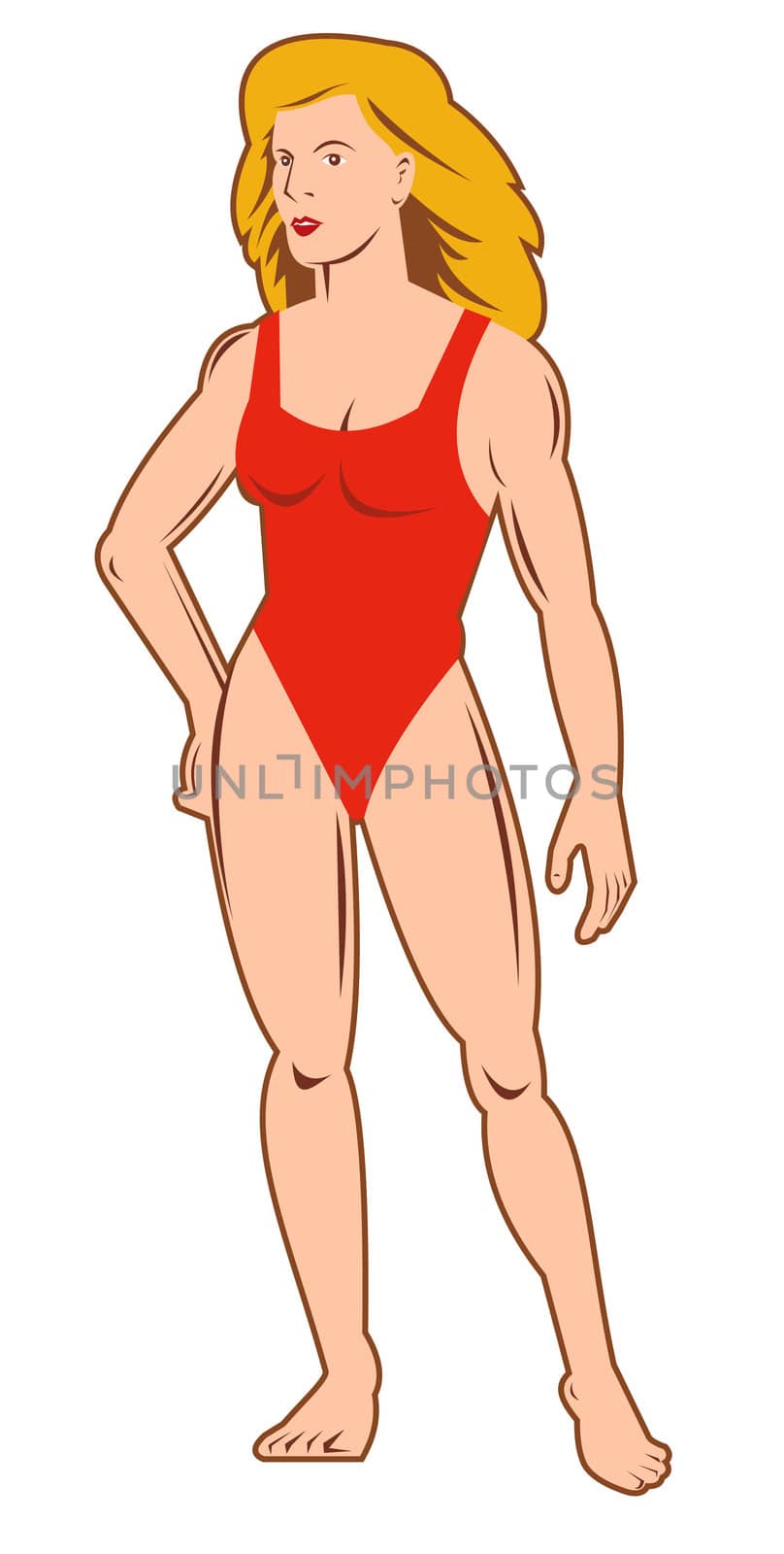 illustration of a female wearing swimsuit viewed from front on isolated background.