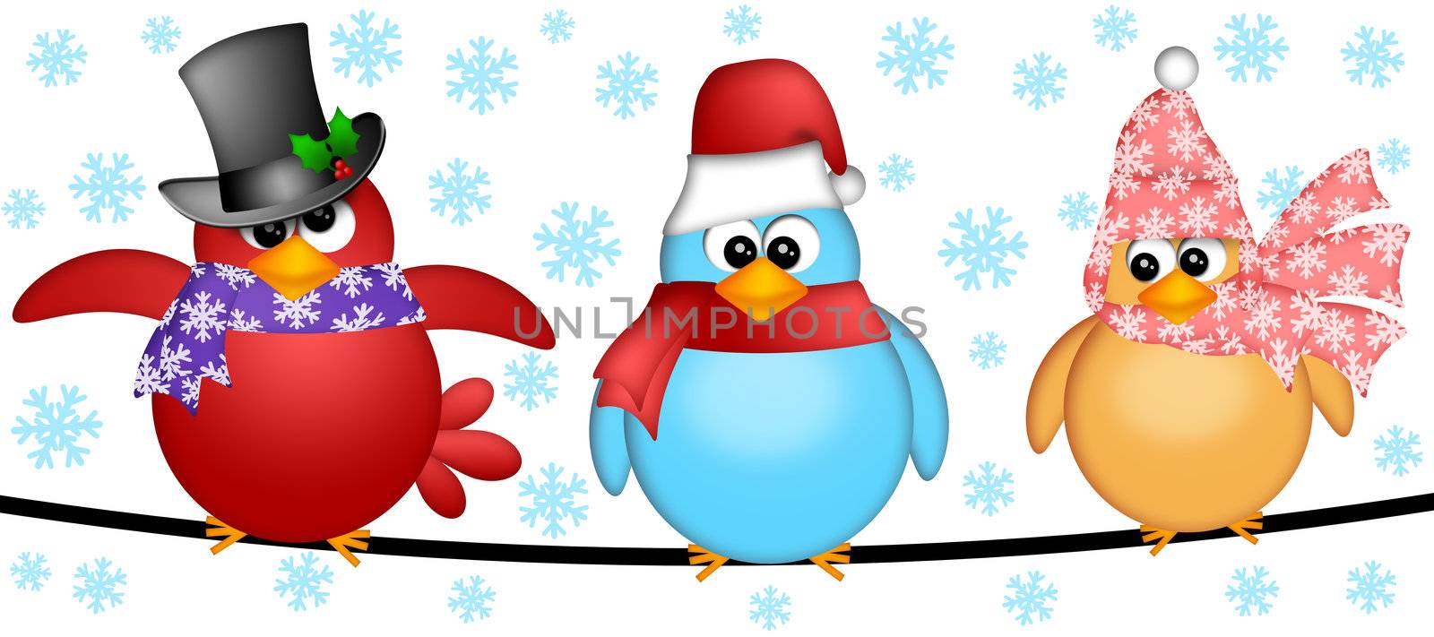Three Christmas Birds on a Wire Illustration by jpldesigns