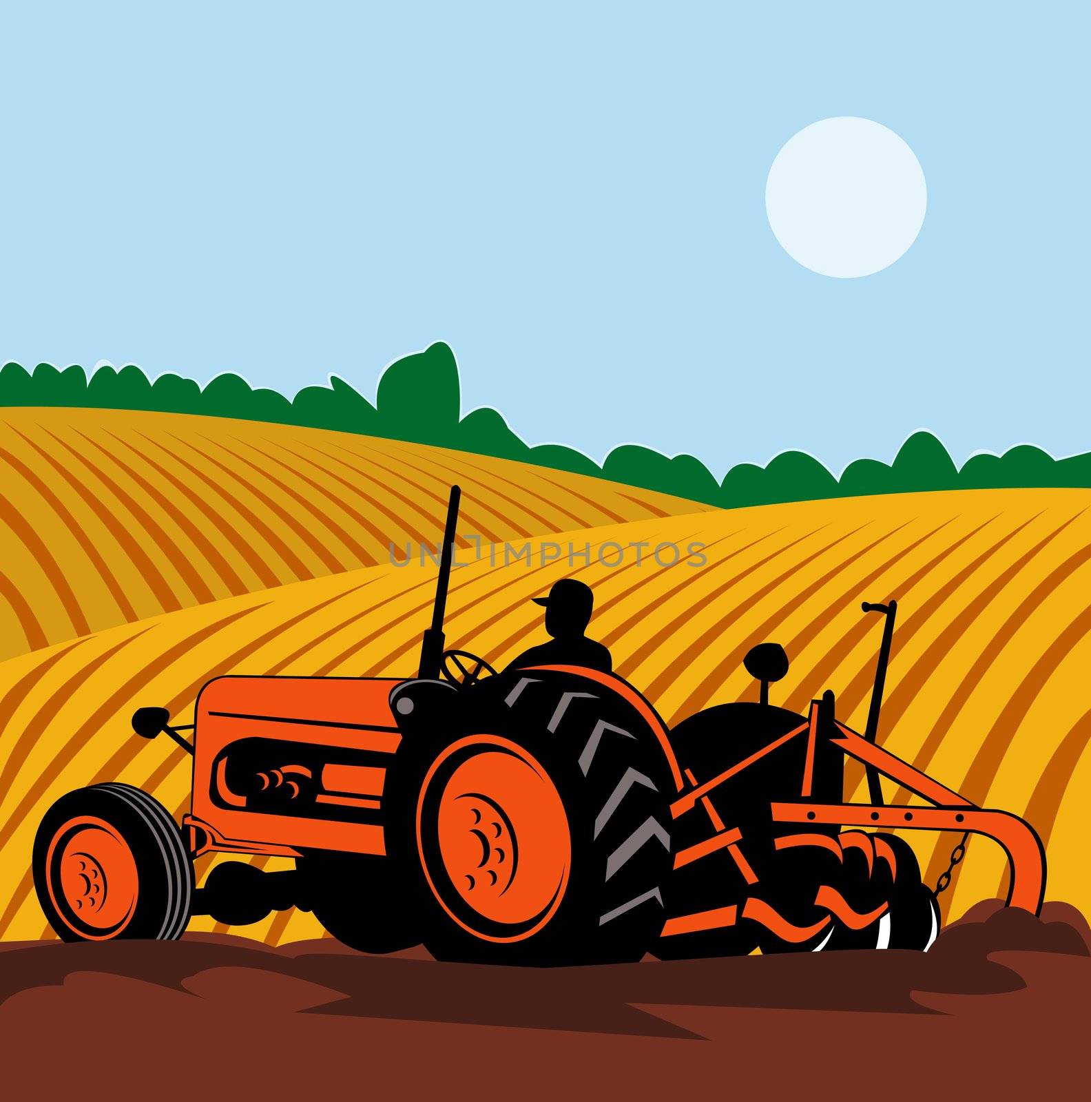 illustration of a vintage tractor with farmer driving in farm field done in retro style