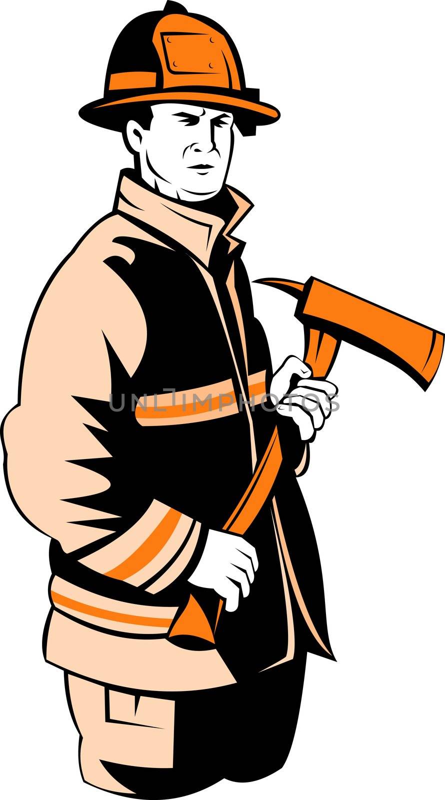 illustration of a fireman fire fighter done in retro style holding an ax isolated on white