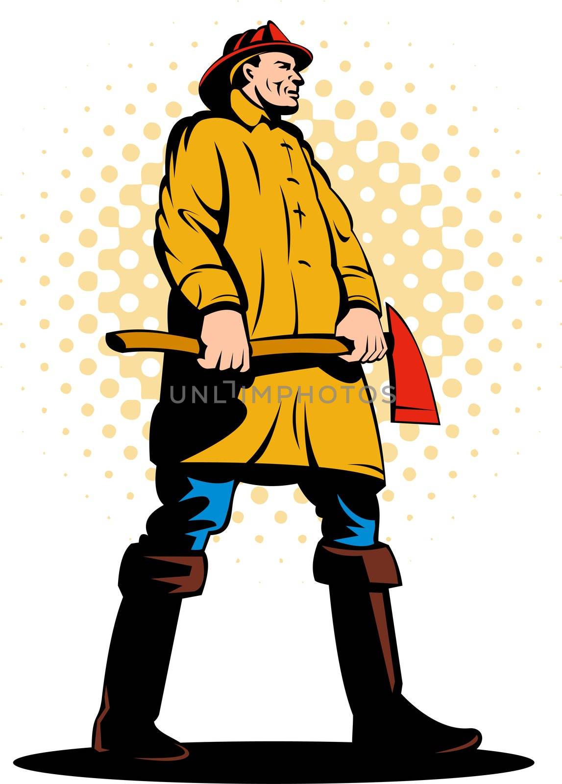 illustration of a fireman fire fighter done in retro style holding an ax isolated on white