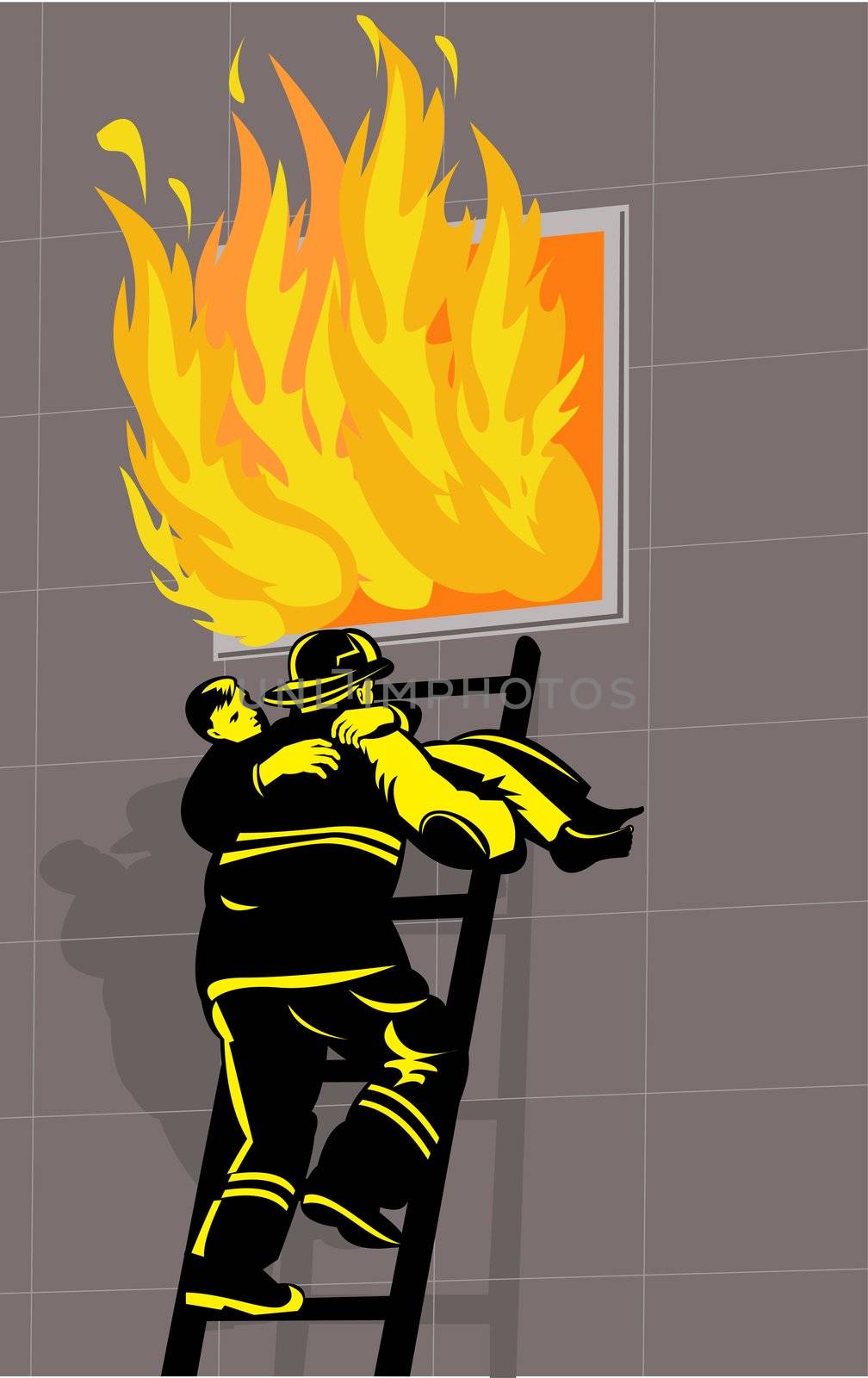 illustration of a fireman fire fighter done in retro style carrying saving a boy from burning building down ladder