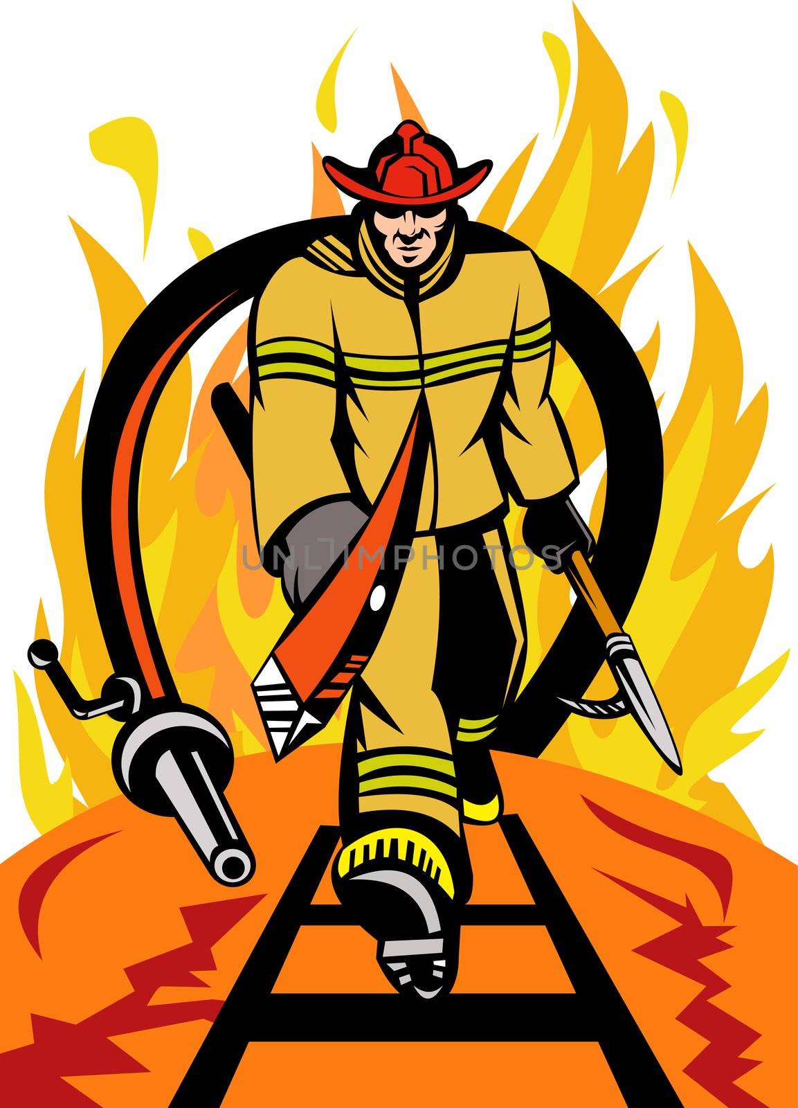 illustration of a fireman fire fighter with axe and spear hook walking towards you done in retro style