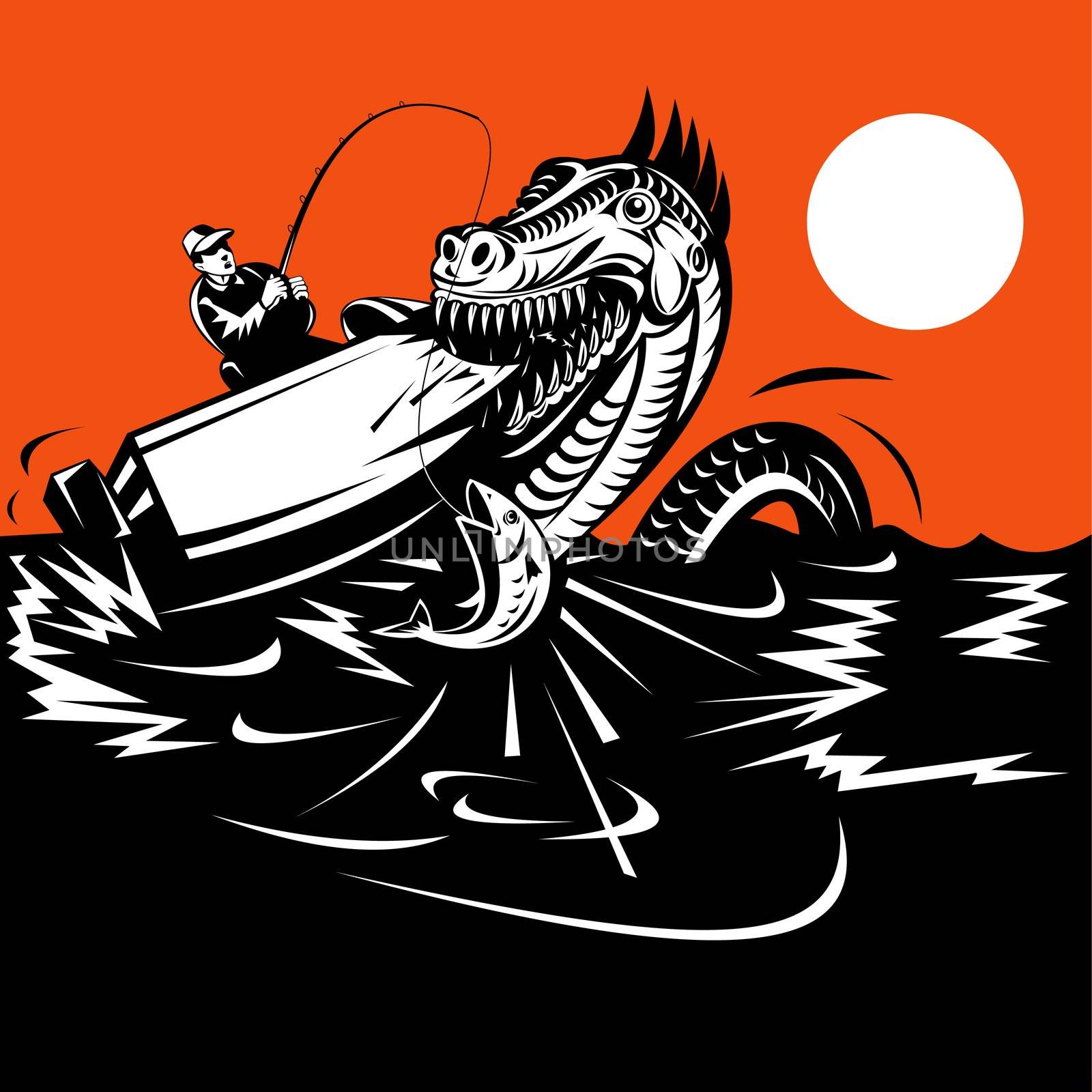 illustration of fisherman fishing on boat catching trout fish while sea serpent or loch ness monster attacks done in retro style