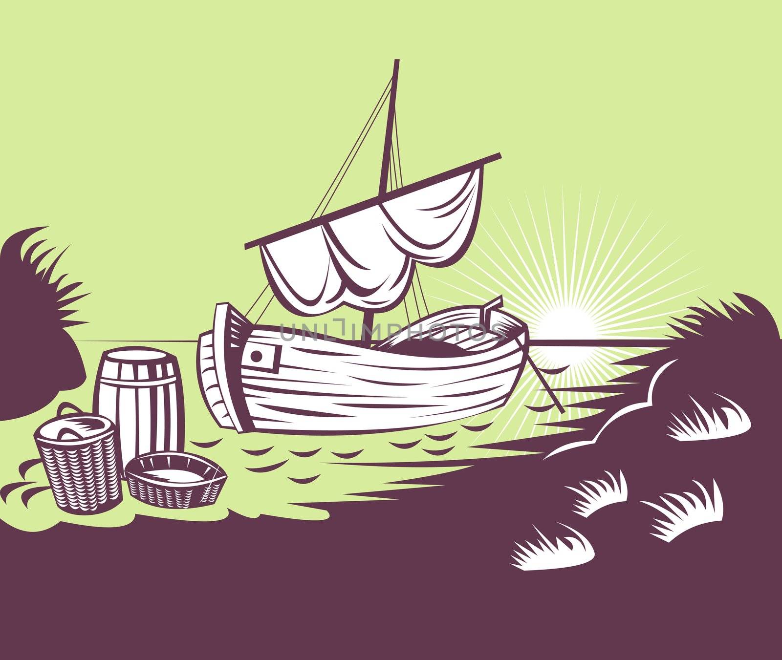 illustration of a fishingsail  boat at sea done in retro woodcut style