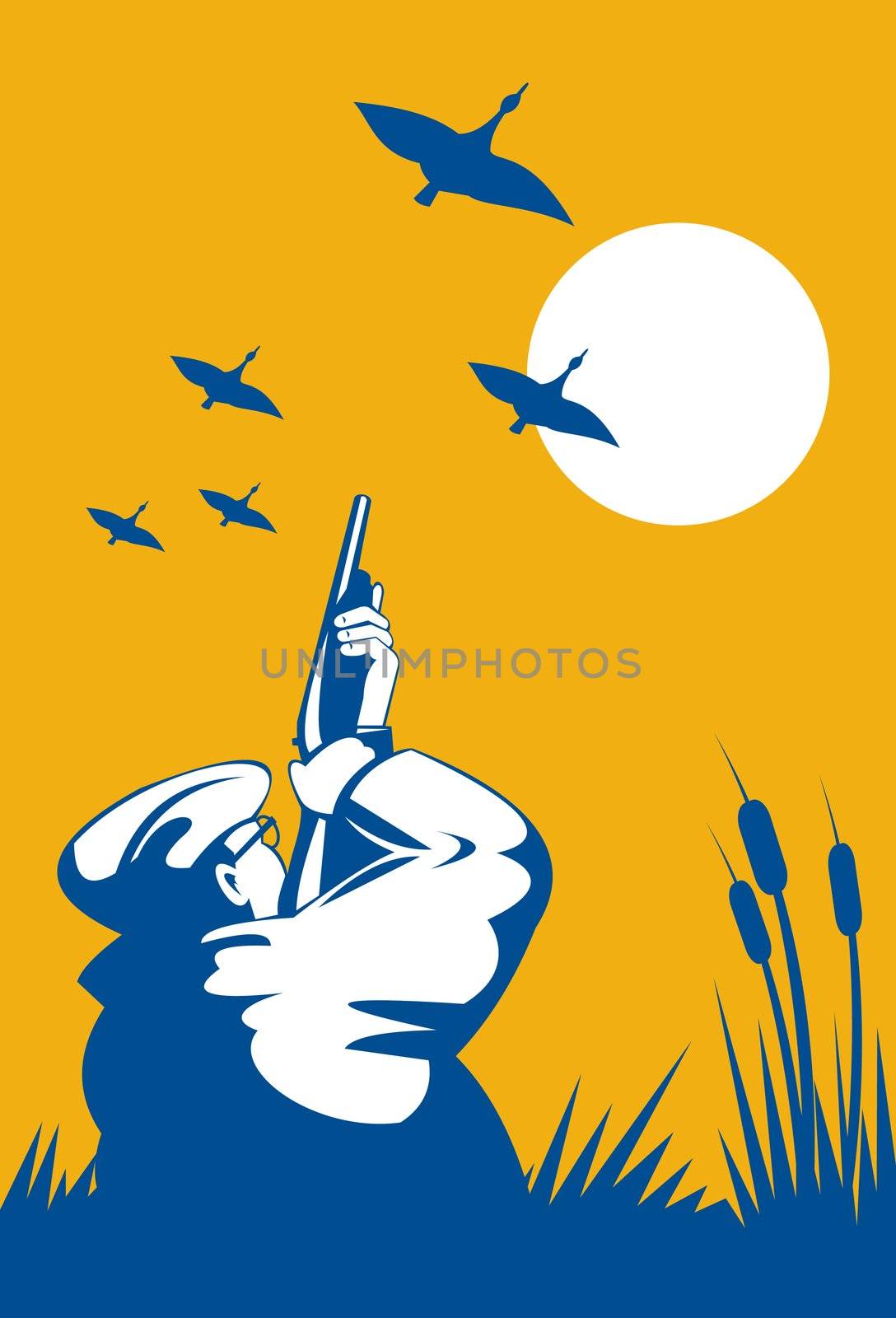illustration of a hunter aiming shotgun rifle gun at ducks geese done in  retro style on isolated background