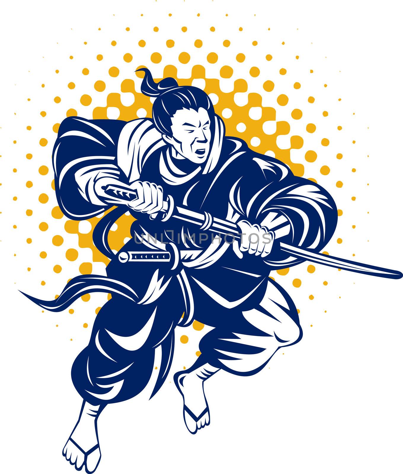 illustration of a Japanese samurai warrior fighting with katana sword on isolated background