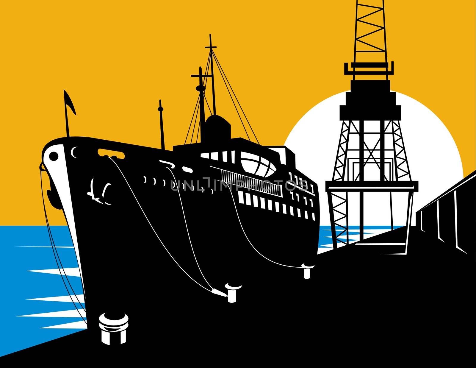 illustration of a passenger cargo ship at the docks or pier done in retro style