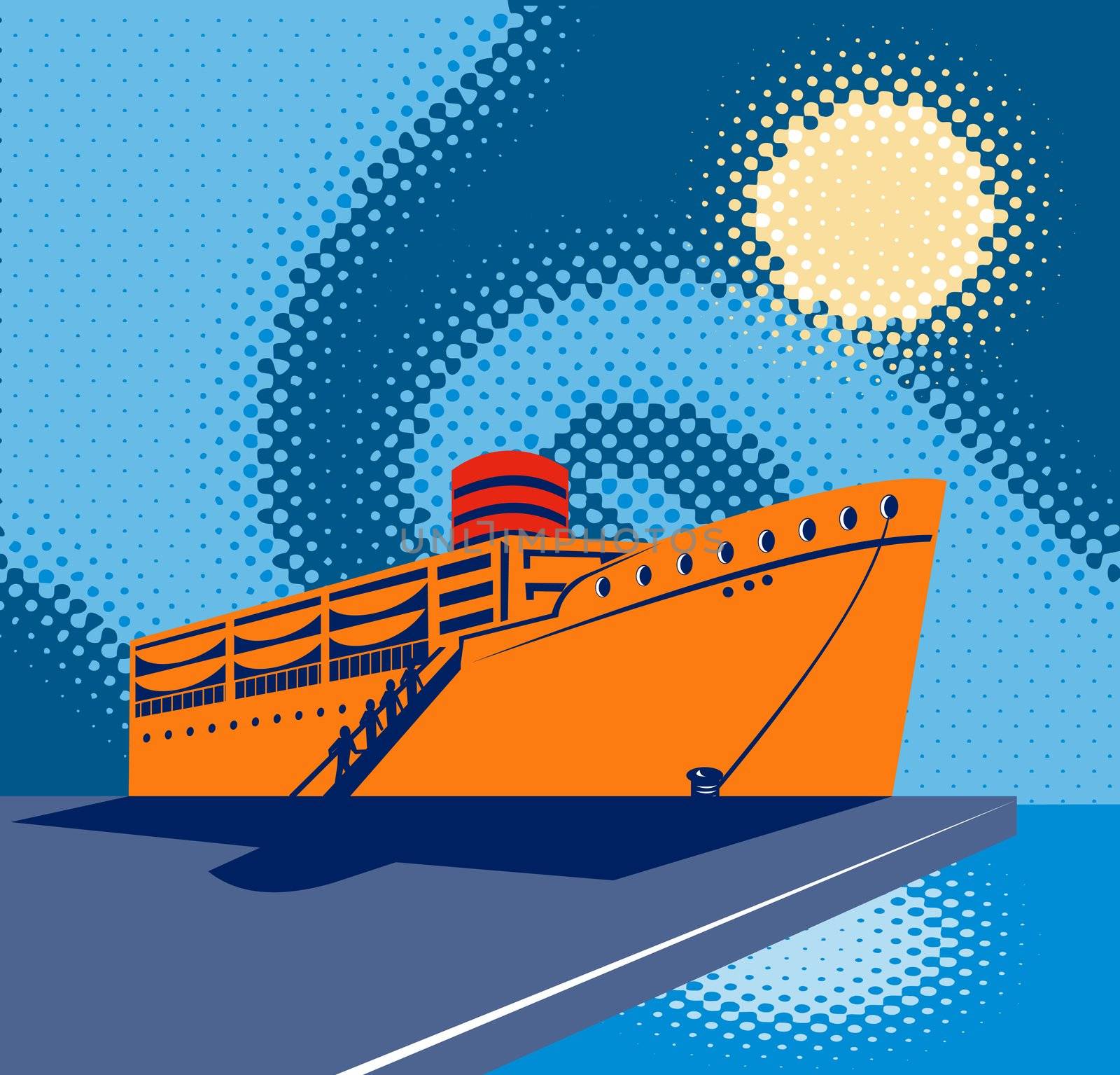 illustration of a passenger cargo ship at the docks or pier done in retro style