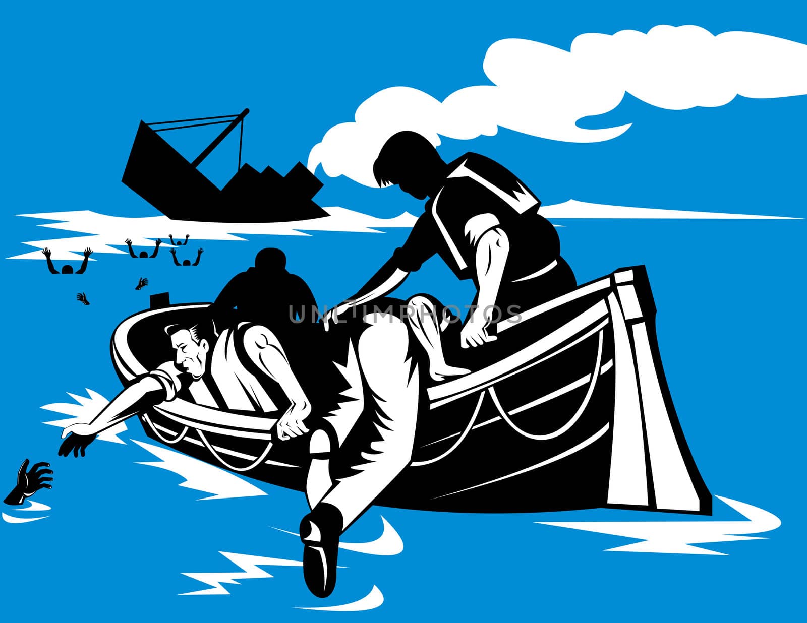 Illustration of passenger ship sinking survivors helping other passengers into life boat raft done in retro woodcut style.