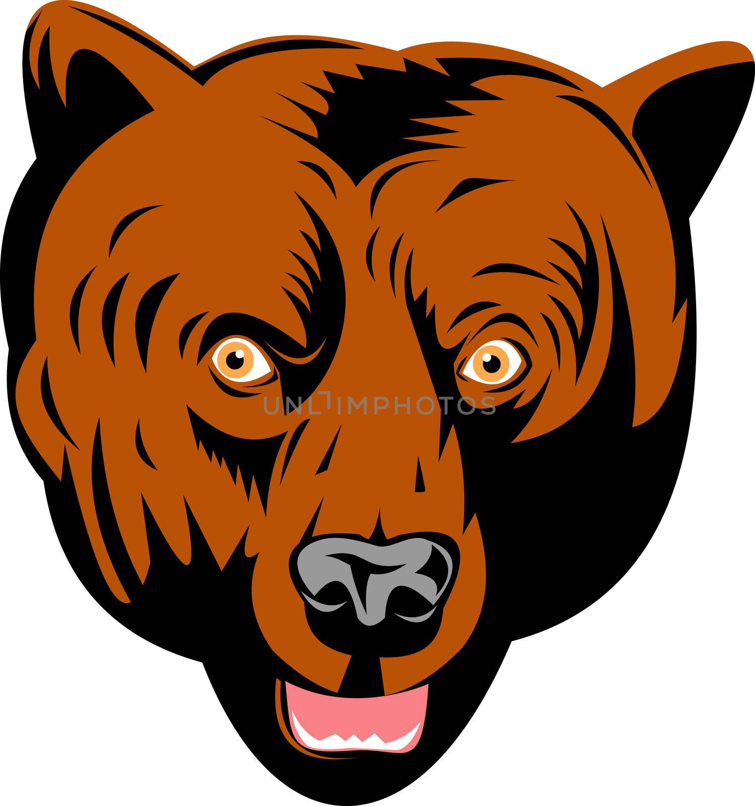 Illustration of a grizzly or brown bear head facing front done in retro woodcut style.