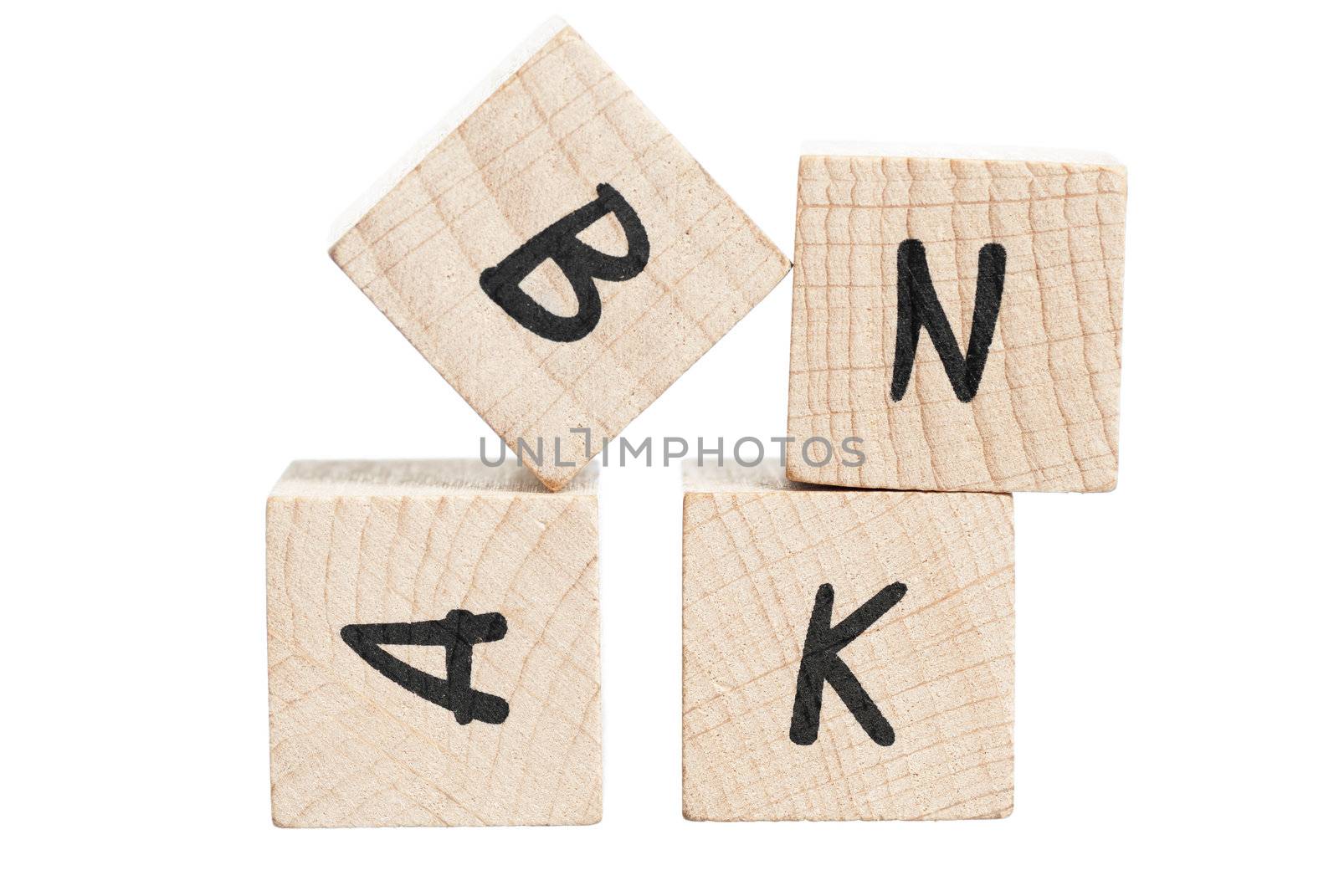 Bank spelled out with wooden blocks. White background.