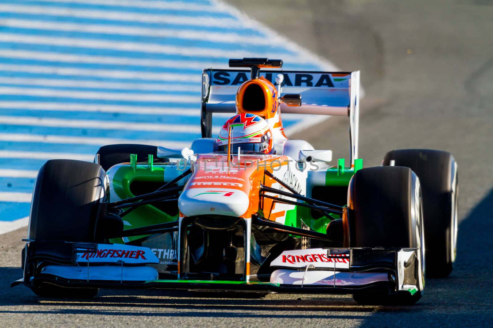 JEREZ DE LA FRONTERA, SPAIN - FEB 08: Paul di Resta of Force India F1 leaving the pit on training session on February 08 , 2013, in Jerez de la Frontera , Spain