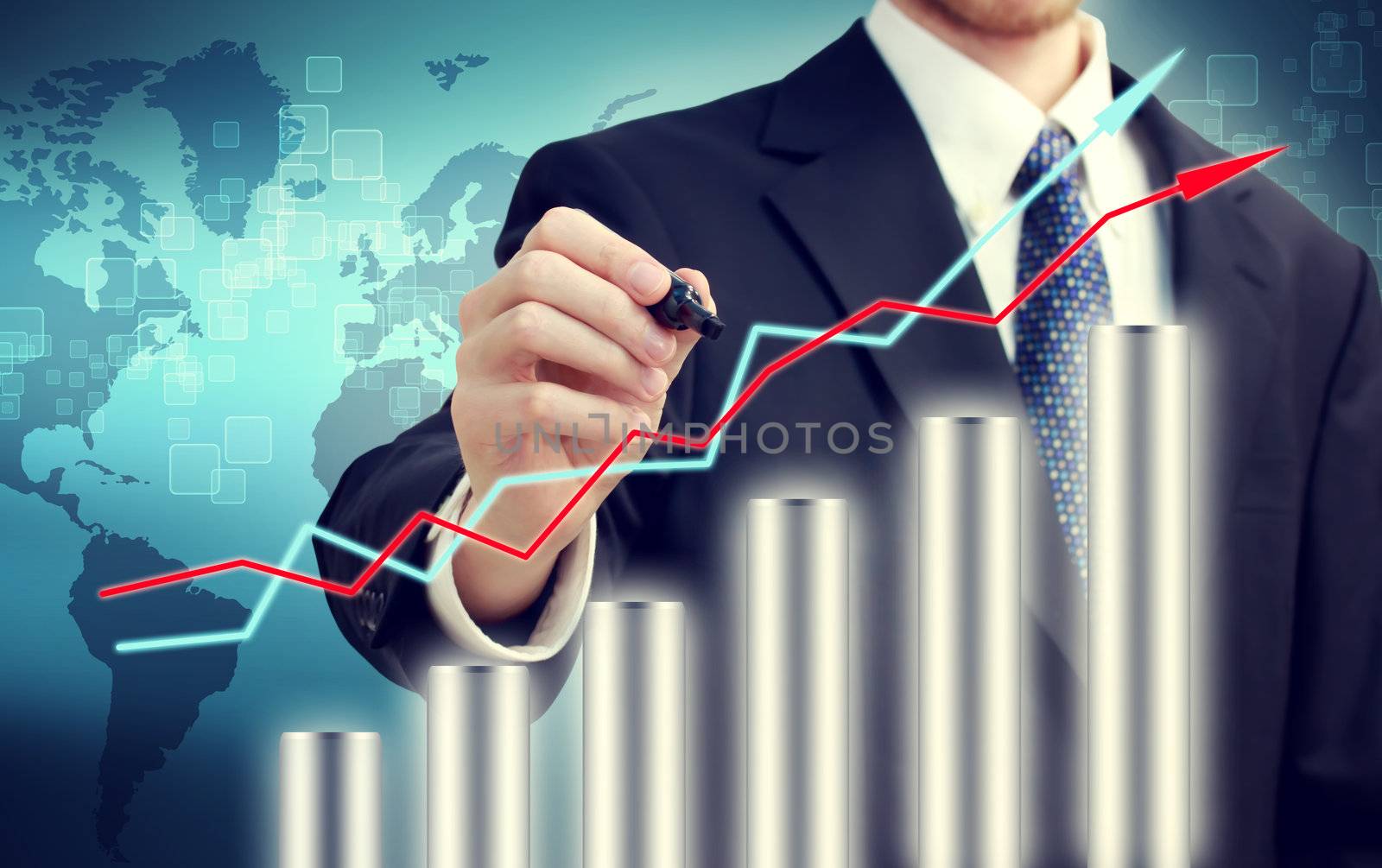 Businessman with graph representing growth