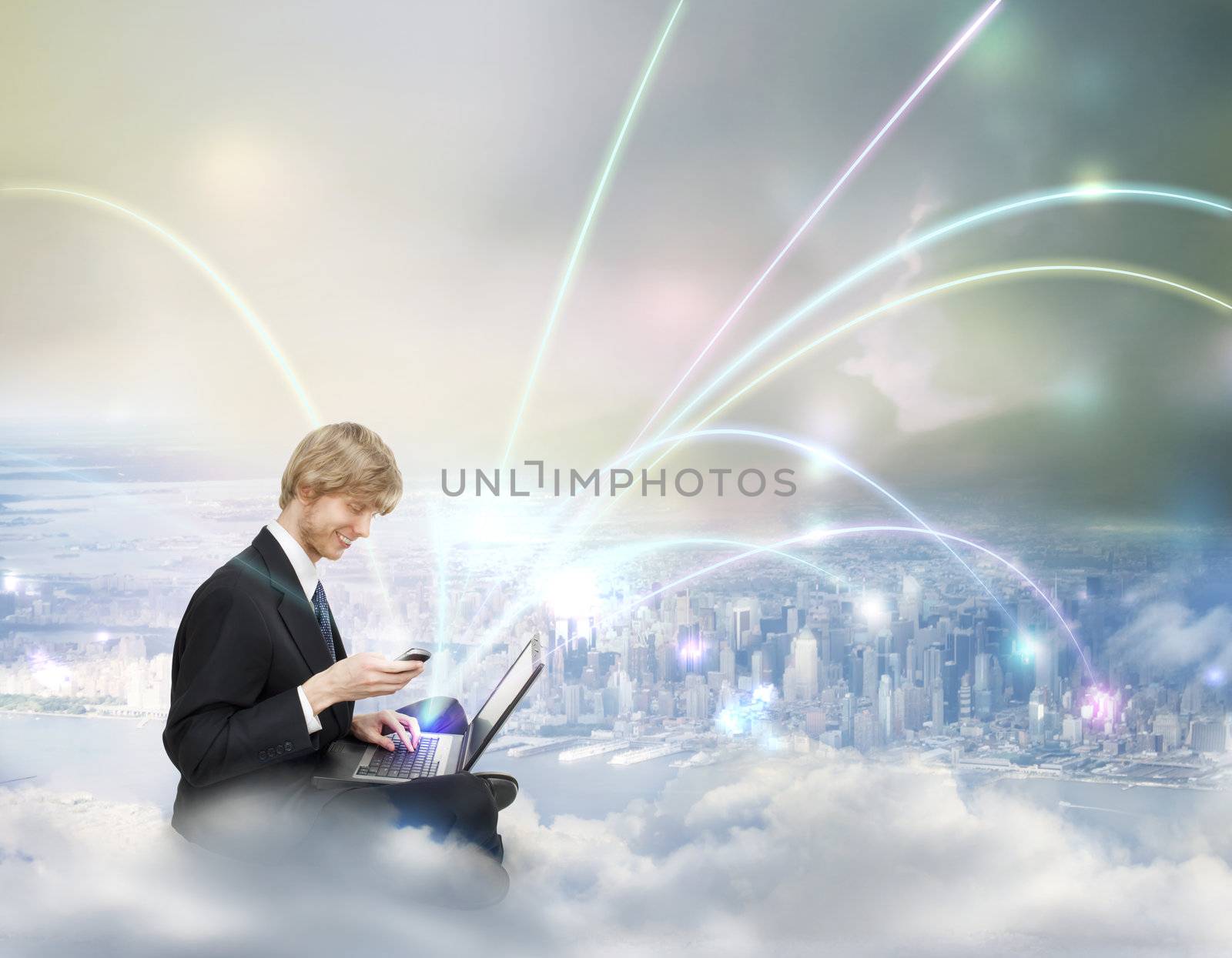 Young Business Man with Laptop and Phone on Top of the City - Cloud Computing